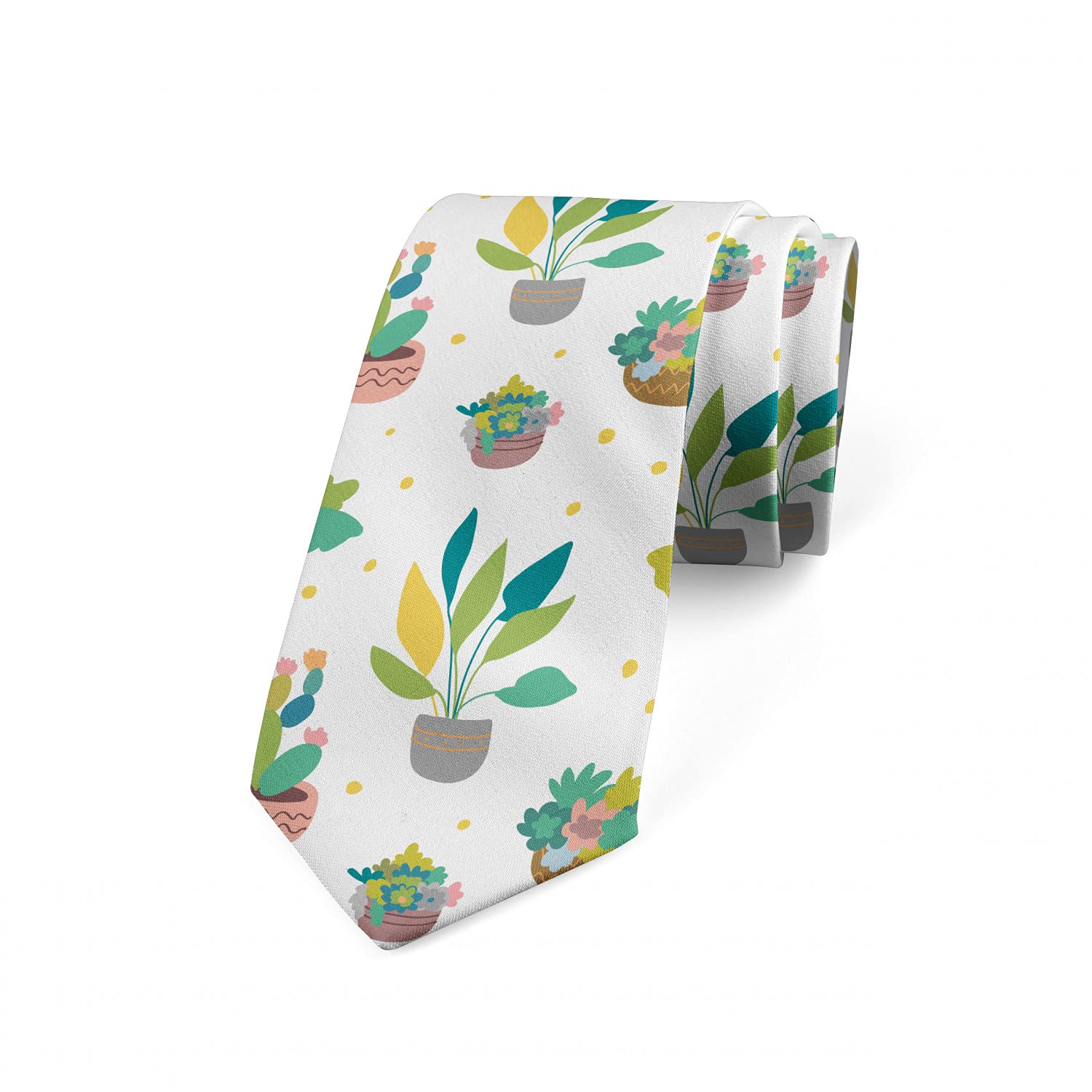 Ambesonne Stylish Cartoon Plant Print Necktie - 3.7 Inch Wide Colorful Designer Tie for Men - Perfect for Office, Weddings & Formal Events