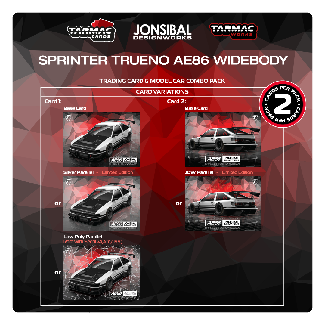 Tarmac Works 1/64 Scale Toyota Sprinter Trueno AE86 Widebody Diecast Model Car - White & Black Limited Edition with Tarmac Cards - Perfect for Collectors, Display, and Racing Scenes