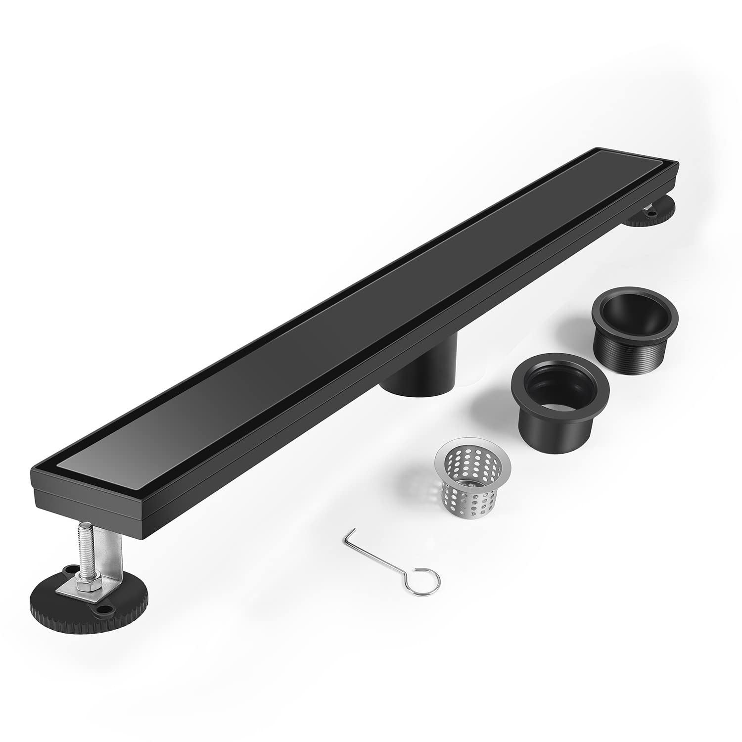 24 Inch Linear Shower Drain - Reversible 2-in-1 Flat & Tile Insert Cover - Brushed 304 Stainless Steel - Rectangle Shower Floor Drain with Removable Grate - Adjustable Leveling Feet & Hair Strainer - Perfect for Modern Bathroom & Walk-In Shower Designs