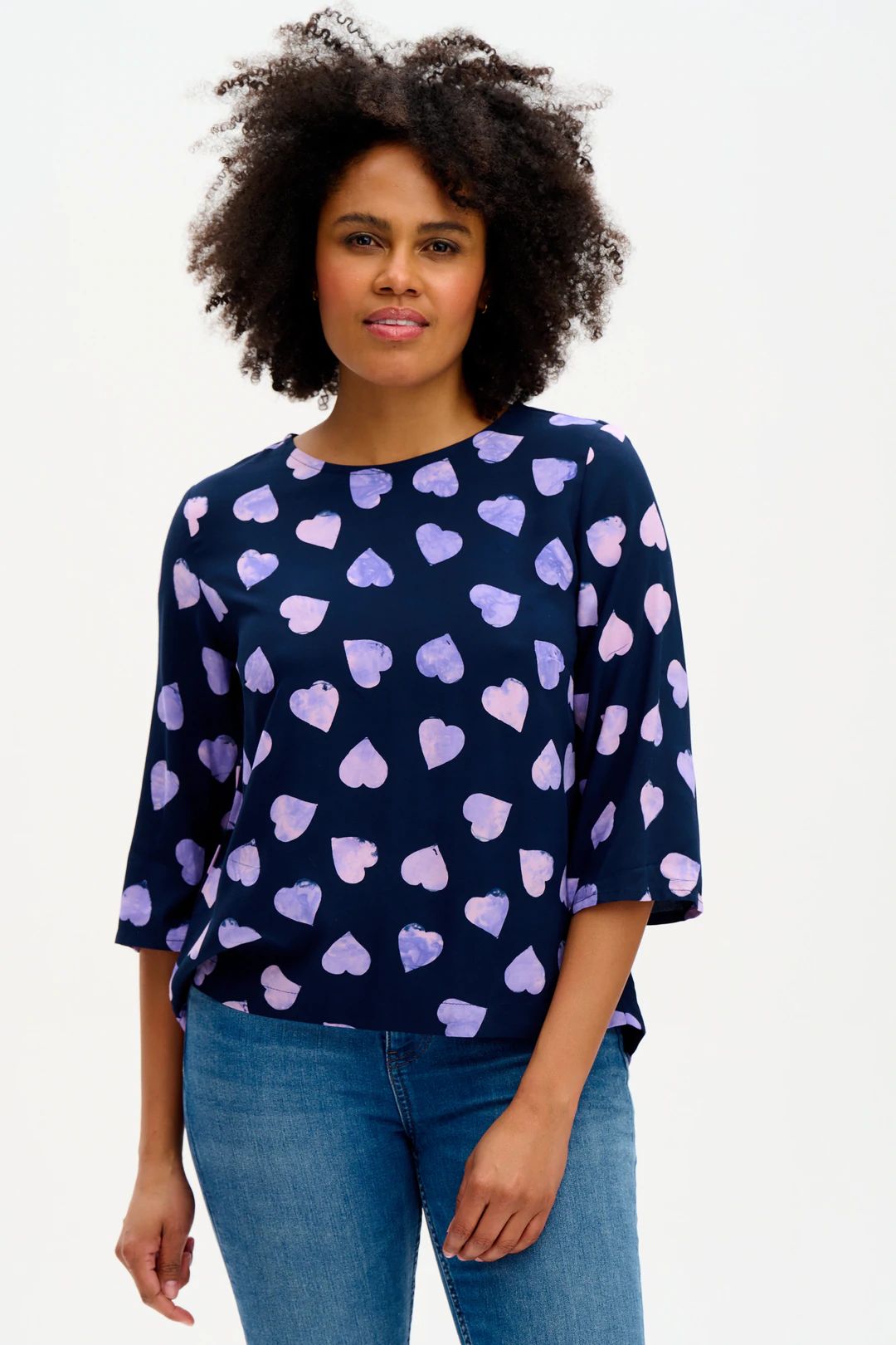 Lexi Batik Top with Big Hearts Print - Navy & Lilac Floral Blouse for Women | Perfect for Boho Style, Summer Outfits, and Casual Wear