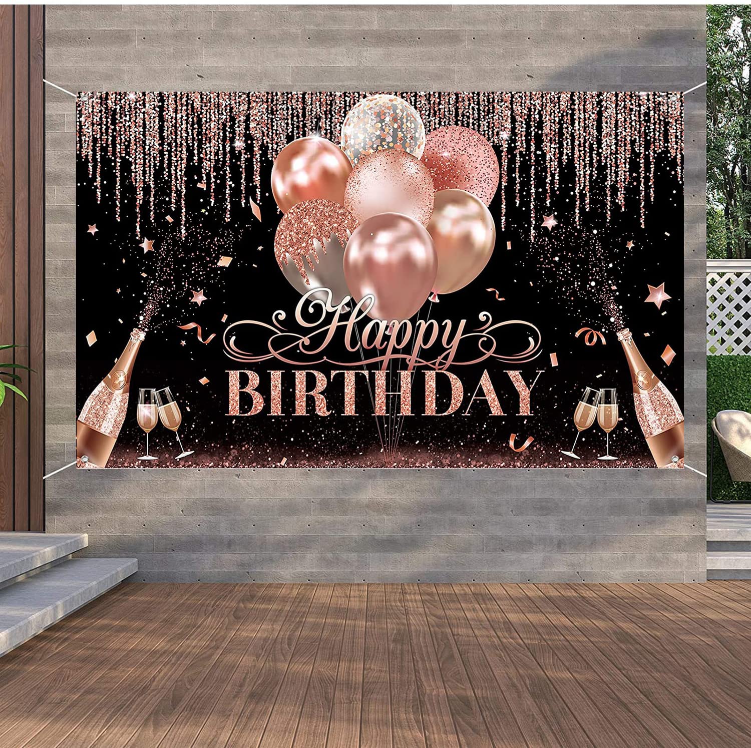 Rose Gold Happy Birthday Backdrop with Glitter Balloons - Elegant Party Decor for Women, Girls, Baby Showers & Photography Background - Perfect for Birthday Celebrations, Gender Reveals & Special Events