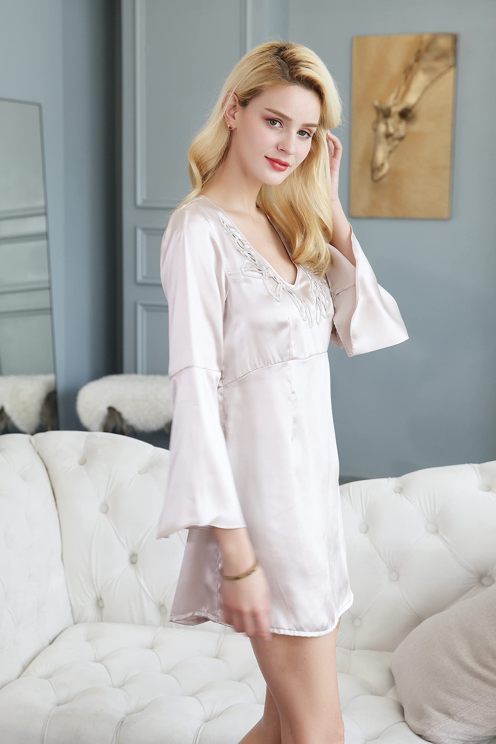 CLC Women's Silk Nightgown - Long Sleeve Elegant Pajama Set for Sleeping & Lounge Wear - Soft Comfortable Nightdress for Relaxation at Home