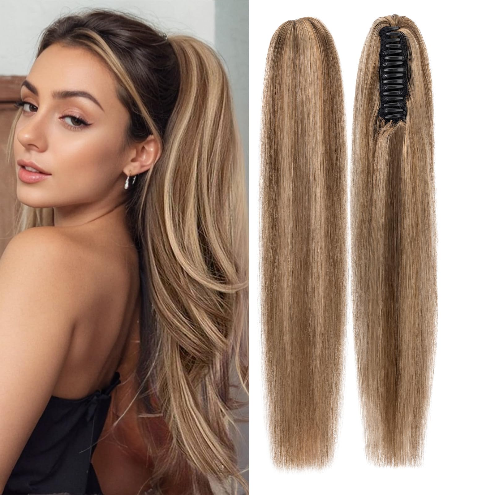 Rich Choices Clip-In Human Hair Ponytail Extension - 22 Inch Real Hair Ponytail with Balayage Medium Brown & Dark Blonde Highlights (120g) - Perfect for Women's Everyday Styling, Parties & Special Occasions