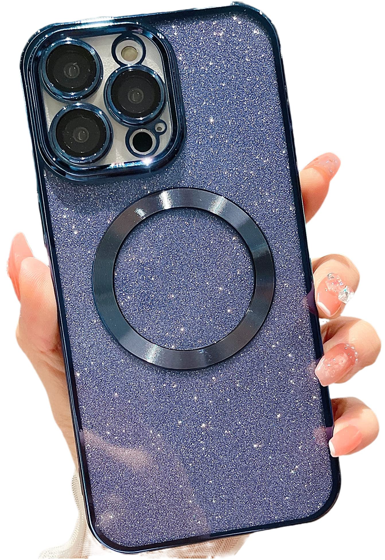 Luxury Magnetic Case for iPhone 11 Pro Max - Bling Clear Phone Cover with Glitter Card & Camera Protector | Magsafe Compatible | Cute Protective Case for Women & Girls | Perfect for Everyday Use, Parties & Gifting (Blue)
