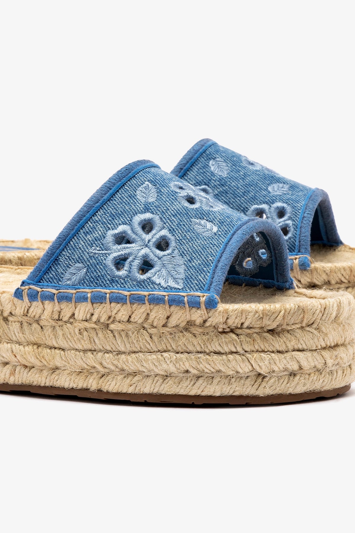 Letizia Espadrille Flatform Sandals - Blue Stonewashed Denim with Hibiscus Embroidery | Comfortable Summer Wedges for Beach, Vacation & Casual Outings