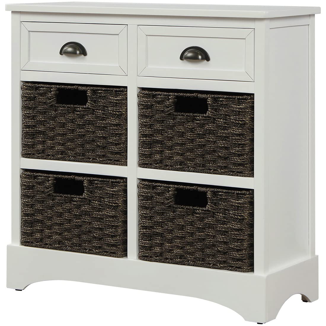 Rustic Wooden Storage Cabinet - Modern Console Table with 2 Drawers & 4 Rattan Baskets, Kitchen Buffet Sideboard for Dining Room, Entryway & Living Room - No Assembly Required (White) | Perfect for Home Organization & Farmhouse Decor