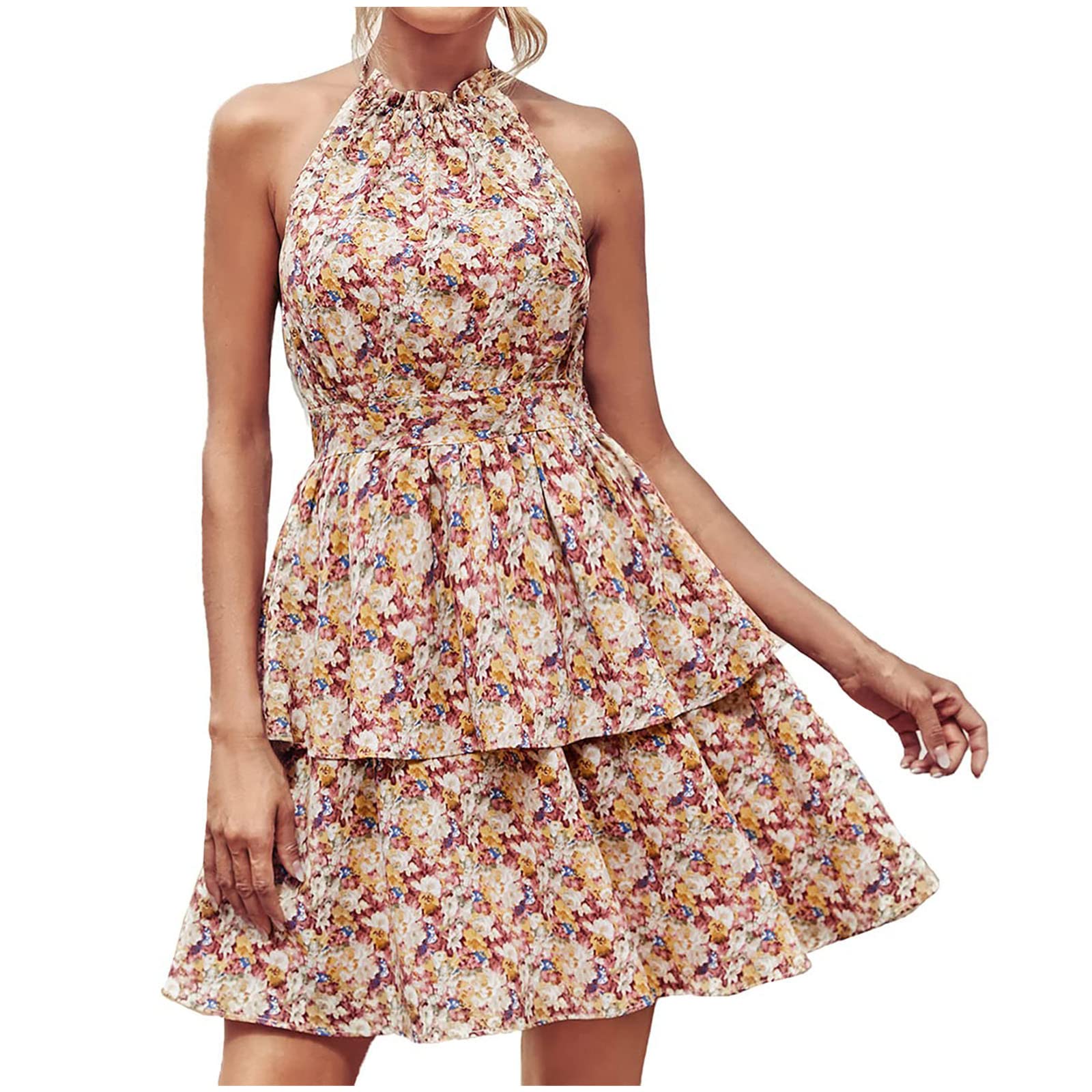 Women's Off Shoulder Halter Neck Maxi Dress - Floral Summer Sleeveless Ruffle Hem A-Line High Waist Tiered Dress for Beach, Wedding & Vacation