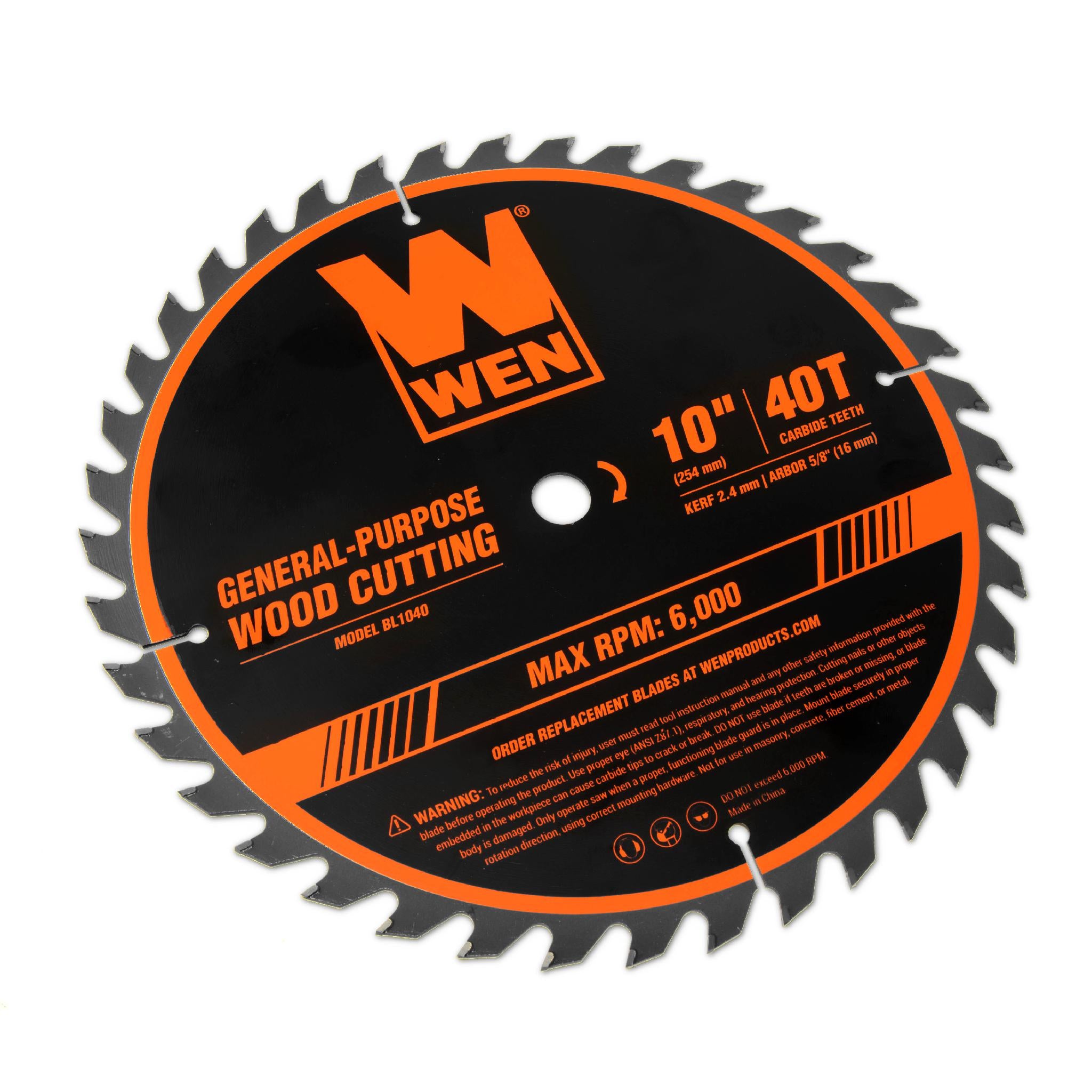 WEN BL1040 10-Inch 40-Tooth Carbide Tipped Saw Blade | Professional Woodworking Blade for Miter Saws & Table Saws | Perfect for Cutting Hardwood, Plywood & MDF
