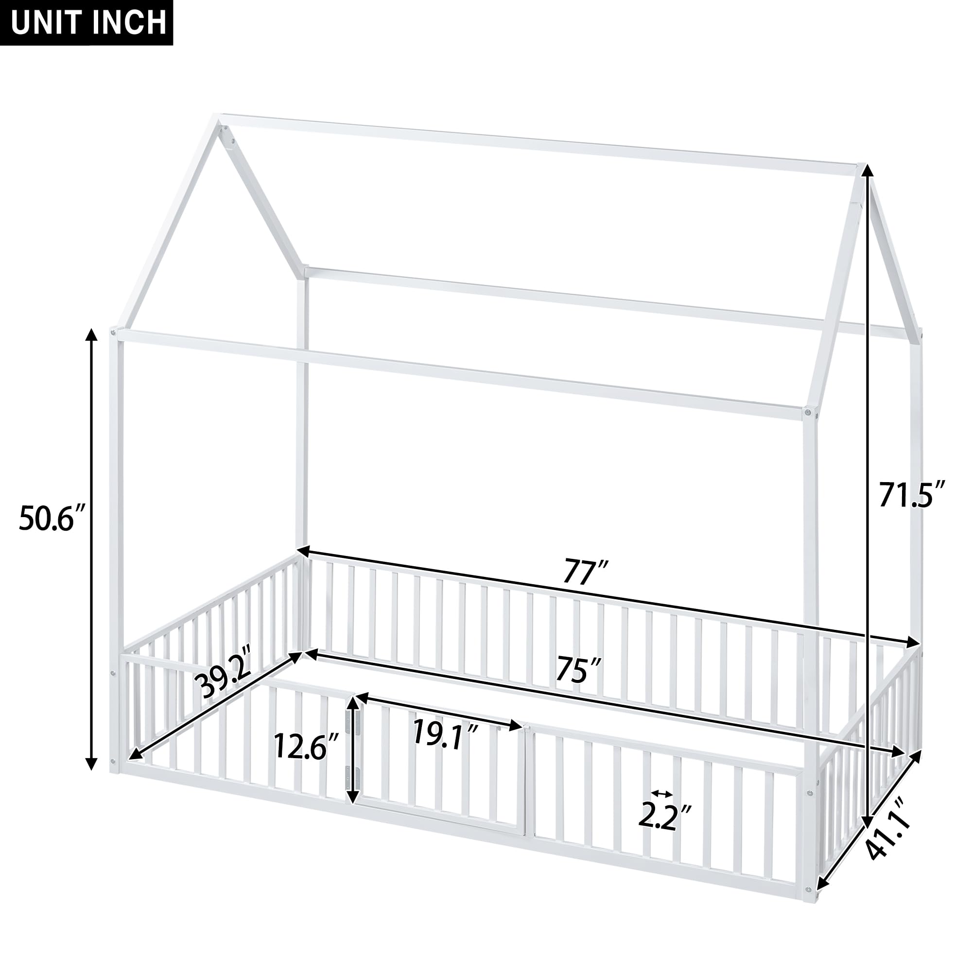 Bellemave Twin Floor Bed with Door and Fence - Montessori Kids Bed with Roof for Girls & Boys in White - Perfect for Toddler Rooms, Playrooms & Montessori Bedrooms