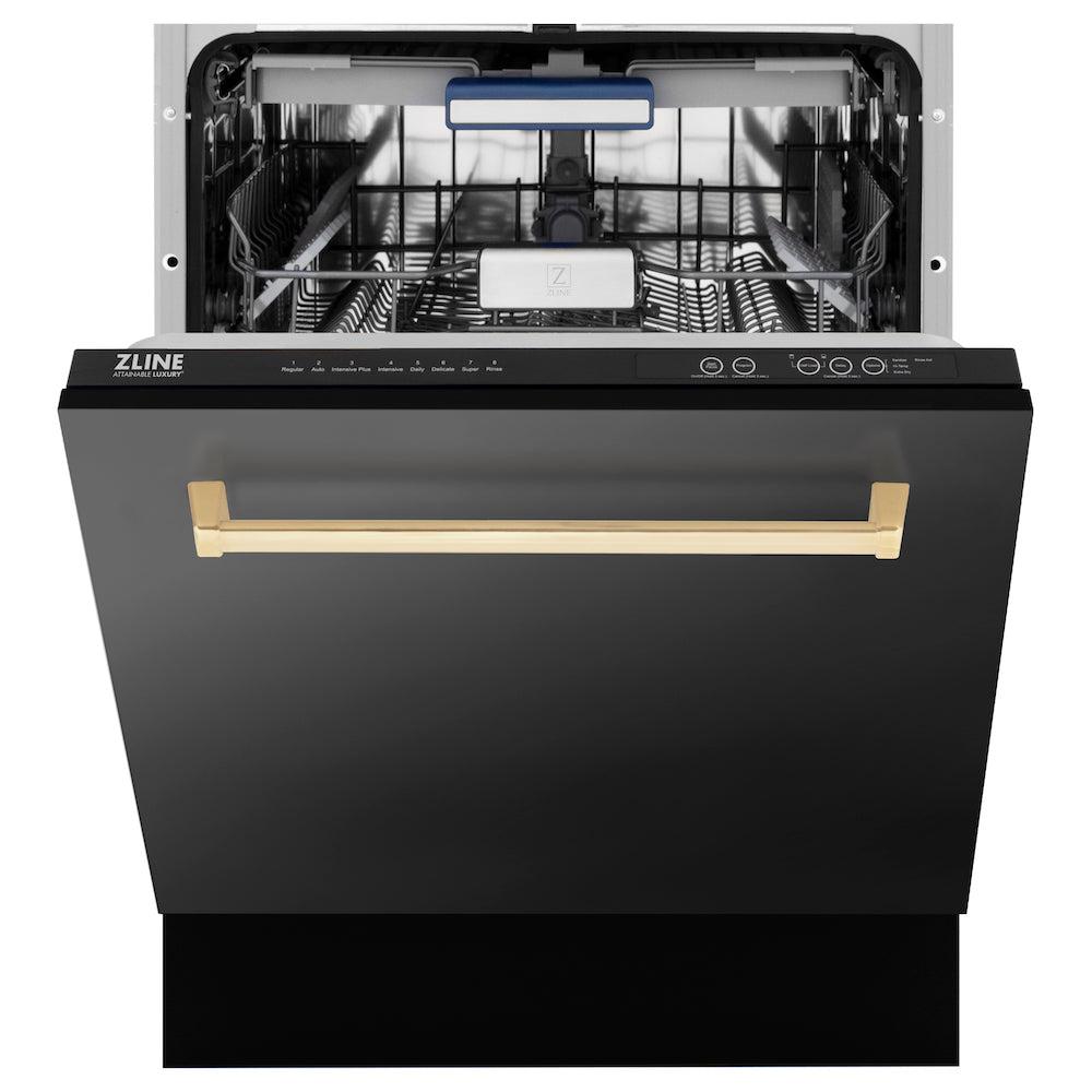 ZLINE Autograph Edition 36-inch Black Stainless Steel Dual Fuel Range with Range Hood & Dishwasher - Professional Kitchen Package with Polished Gold Accents (3AKP RABRHDWV36 G) | Perfect for Gourmet Cooking & Luxury Home Renovations