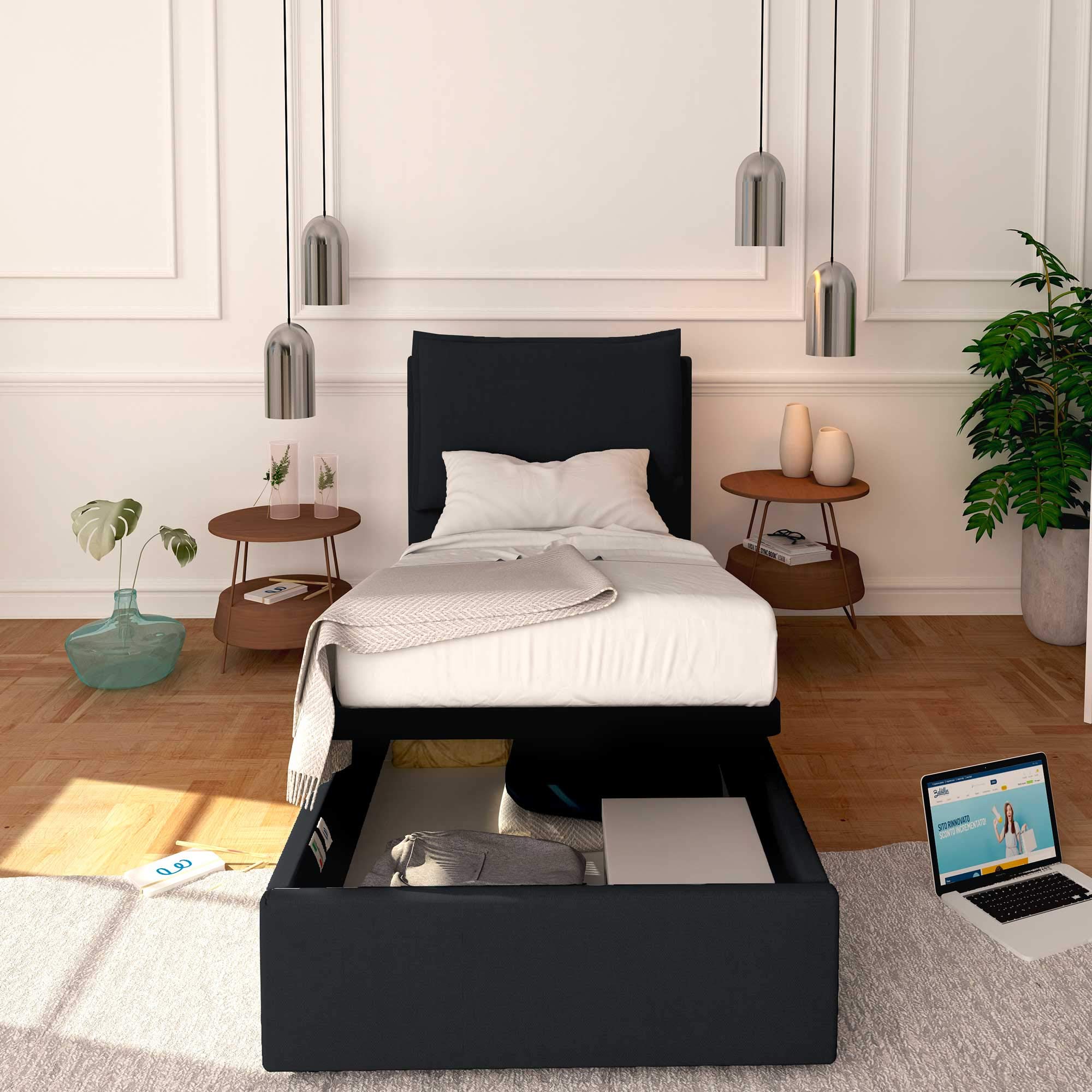 Baldiflex Single Bed Frame with Storage, Licia Fabric Model, Slatted Base for Single Mattresses, 80 x 190 cm, Thin Padded Headboard, Black - Perfect for Small Bedrooms, Guest Rooms & Studio Apartments
