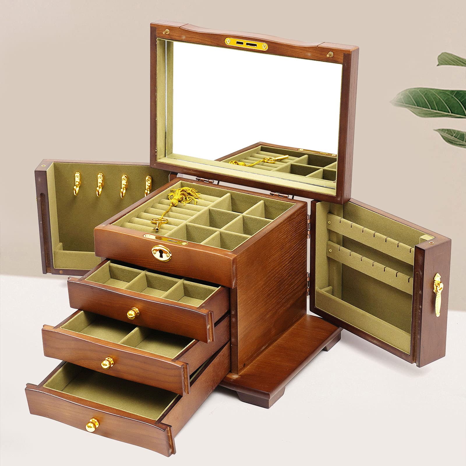 Large Wooden Jewelry Organizer Box with Mirror & Lock - 4 Layer Storage with 3 Drawers for Necklaces, Rings & Earrings - Perfect for Bedroom Vanity, Closet Organization & Travel Jewelry Case