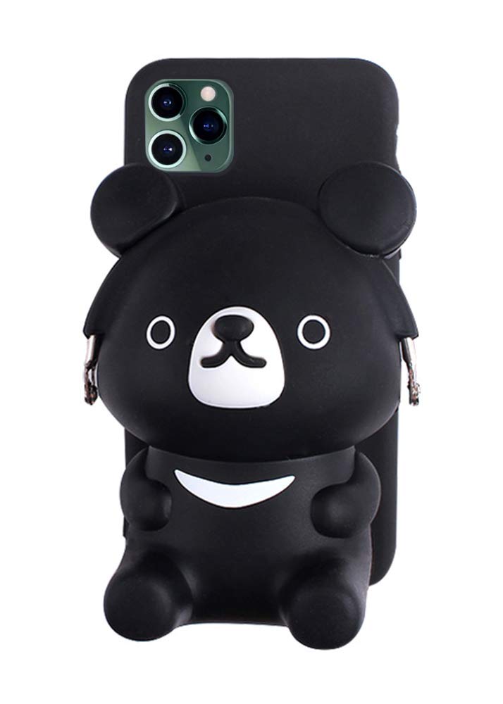 UnnFiko Cute 3D Cartoon Bear Wallet Phone Case for iPhone 11 Pro Max - Soft Silicone Protective Cover with Card Holder & Stand - Perfect for Women & Girls (Black) | Great for Everyday Use, Shopping & Travel
