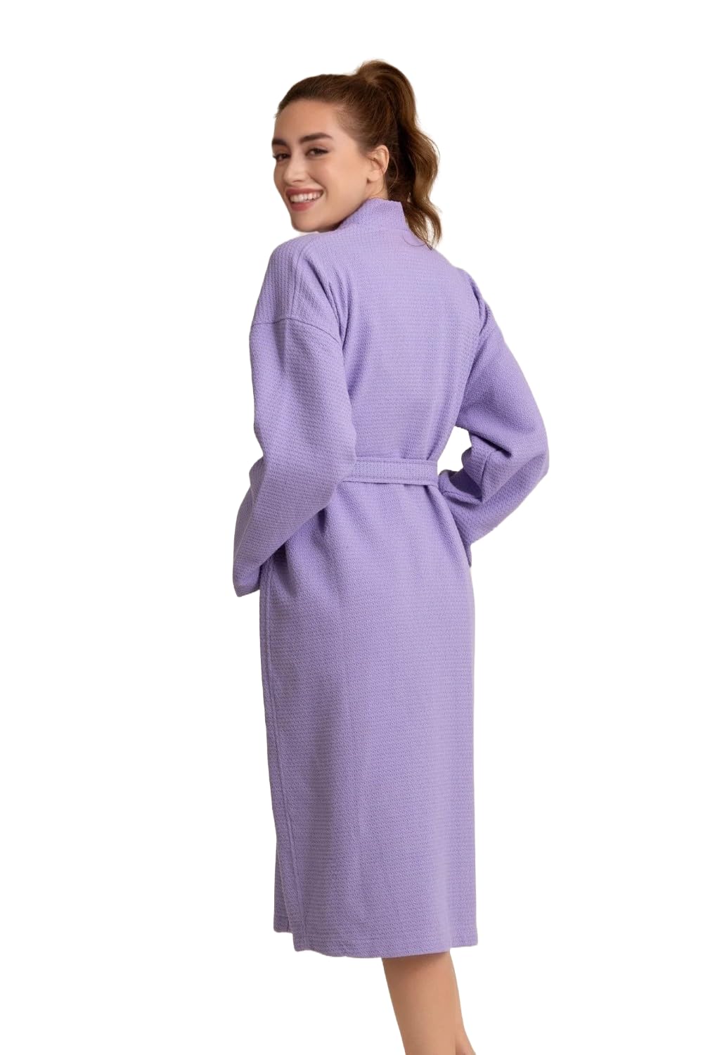 100% Cotton Women's Waffle Turkish Bathrobe - Soft & Absorbent Lavender Purple Robe - One Size Fits Most - Perfect for Spa, Beach Cover-Up & Relaxing at Home