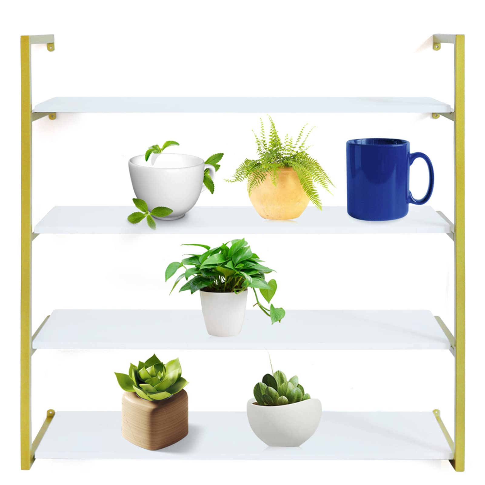 DYRABREST 4-Tier Floating Wall Shelves - Rustic Wood Wall Mounted Bookshelf for Living Room, Office, Bedroom - Gold Finish | Perfect for Home Decor, Book Storage & Displaying Decorative Items