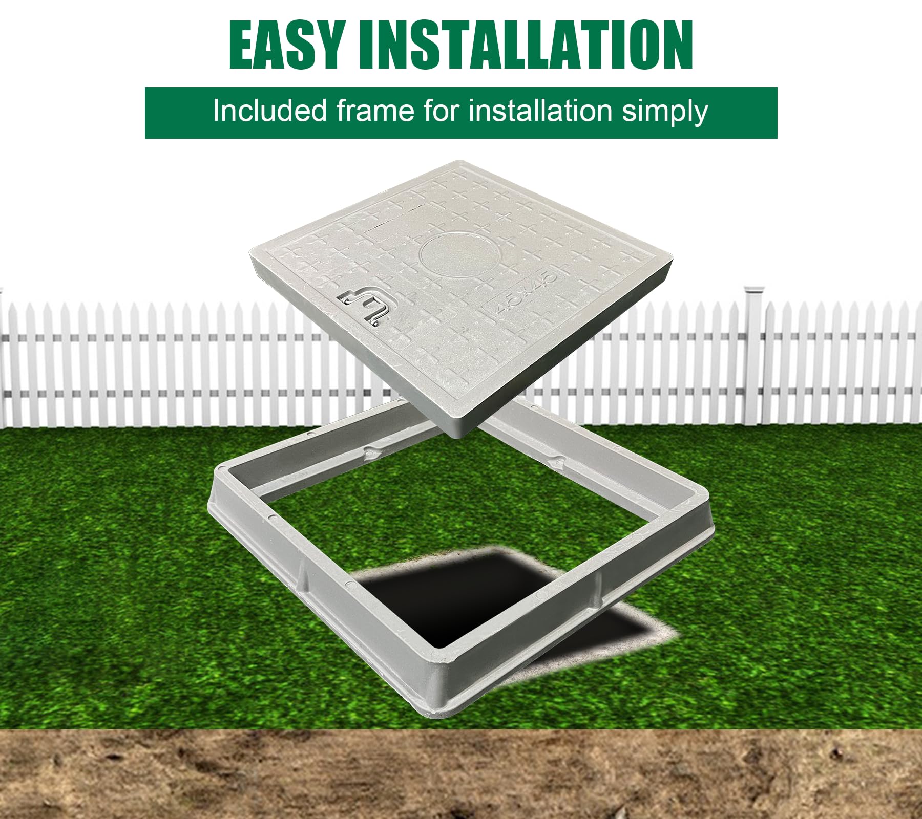 18x18in Fiberglass Manhole Cover & Frame - 14x14in Clear Opening, 16x16in Solid Top Cover - Reinforced Steel Septic Tank Lid with Handle - Durable Sewer Cover for Underground Utility Access & Drainage Systems