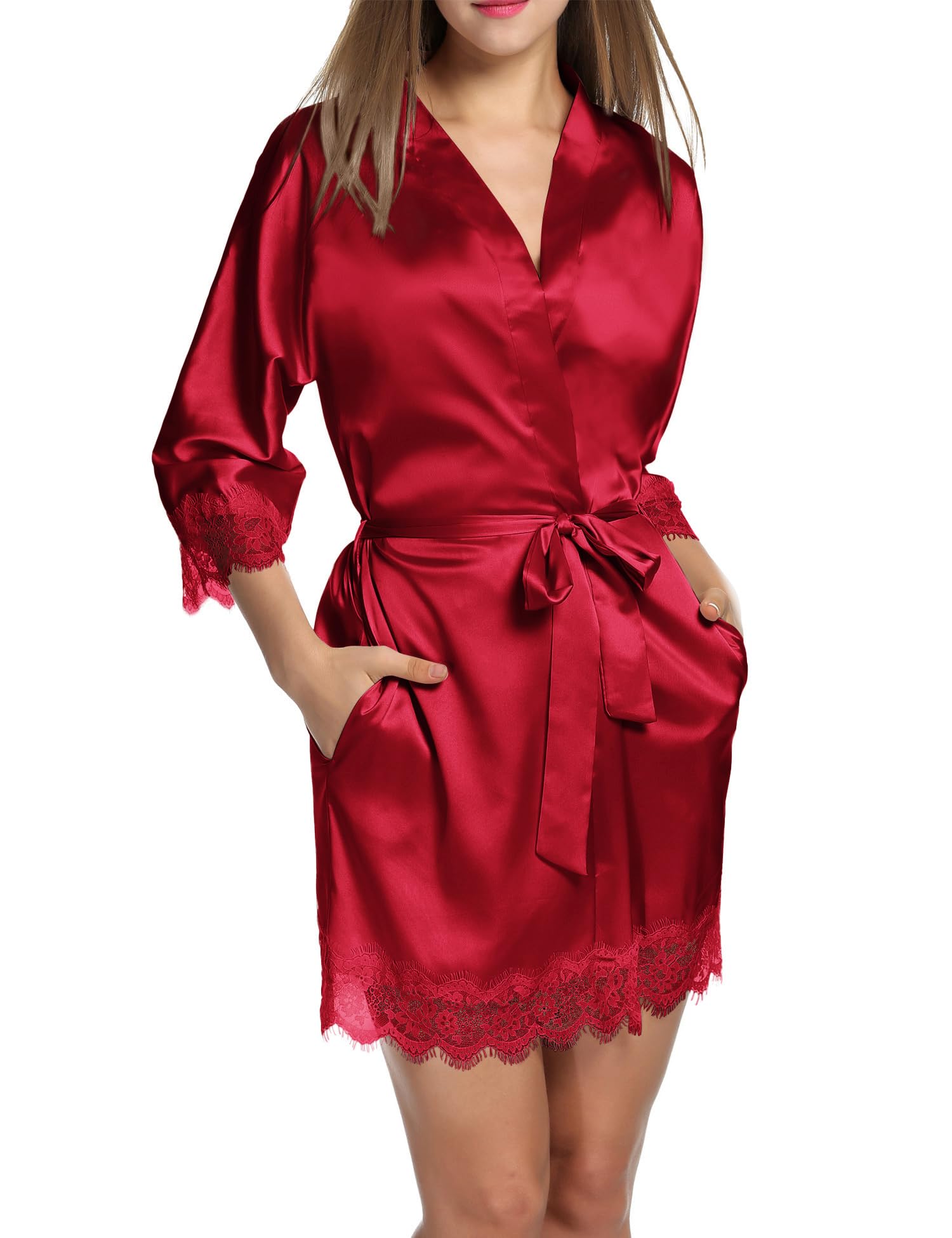 Hotouch Women's Short Satin Kimono Robe with Lace Trim - 3/4 Sleeve Bridal Sleepwear with Pockets | Perfect for Bridal Shower, Honeymoon & Luxury Loungewear