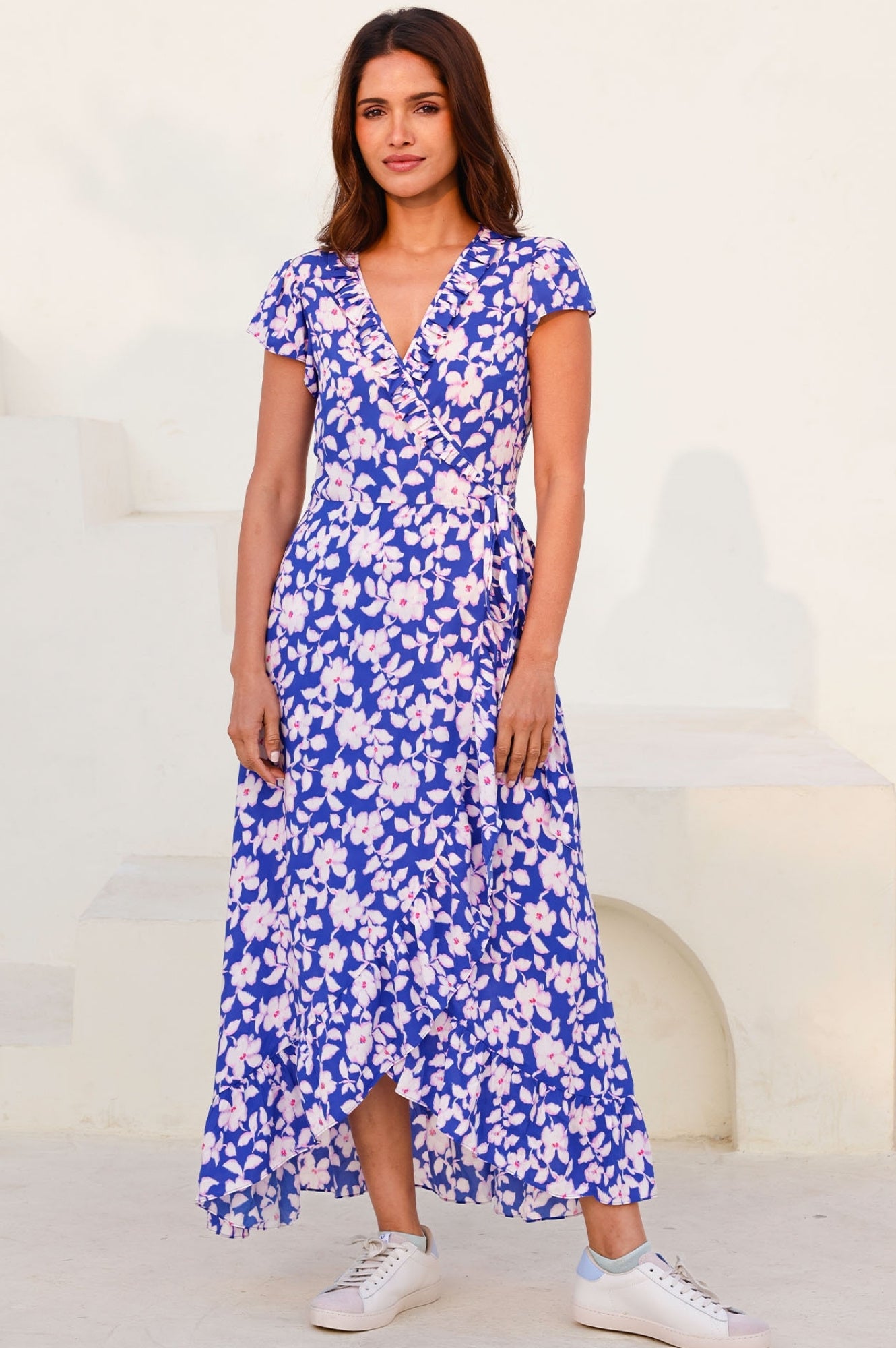 EcoVero™ Wrap Dress for Women - Sustainable Blossom Cobalt & Pink Floral Print | Comfortable Stretchy Fabric | Perfect for Work, Date Night & Summer Vacation