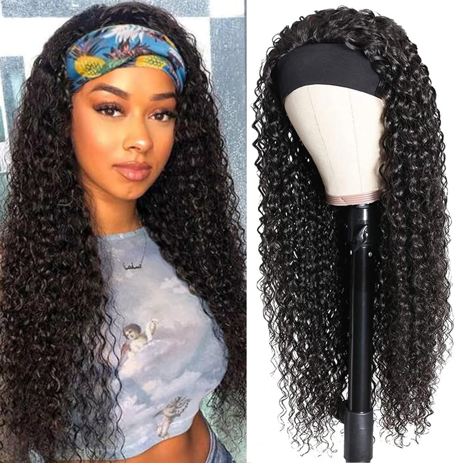 20 Inch Deep Wave Human Hair Headband Wig - Glueless Curly Hair Wig with No Lace Front | Natural Black Women's Human Hair Wig for Everyday Wear & Special Occasions