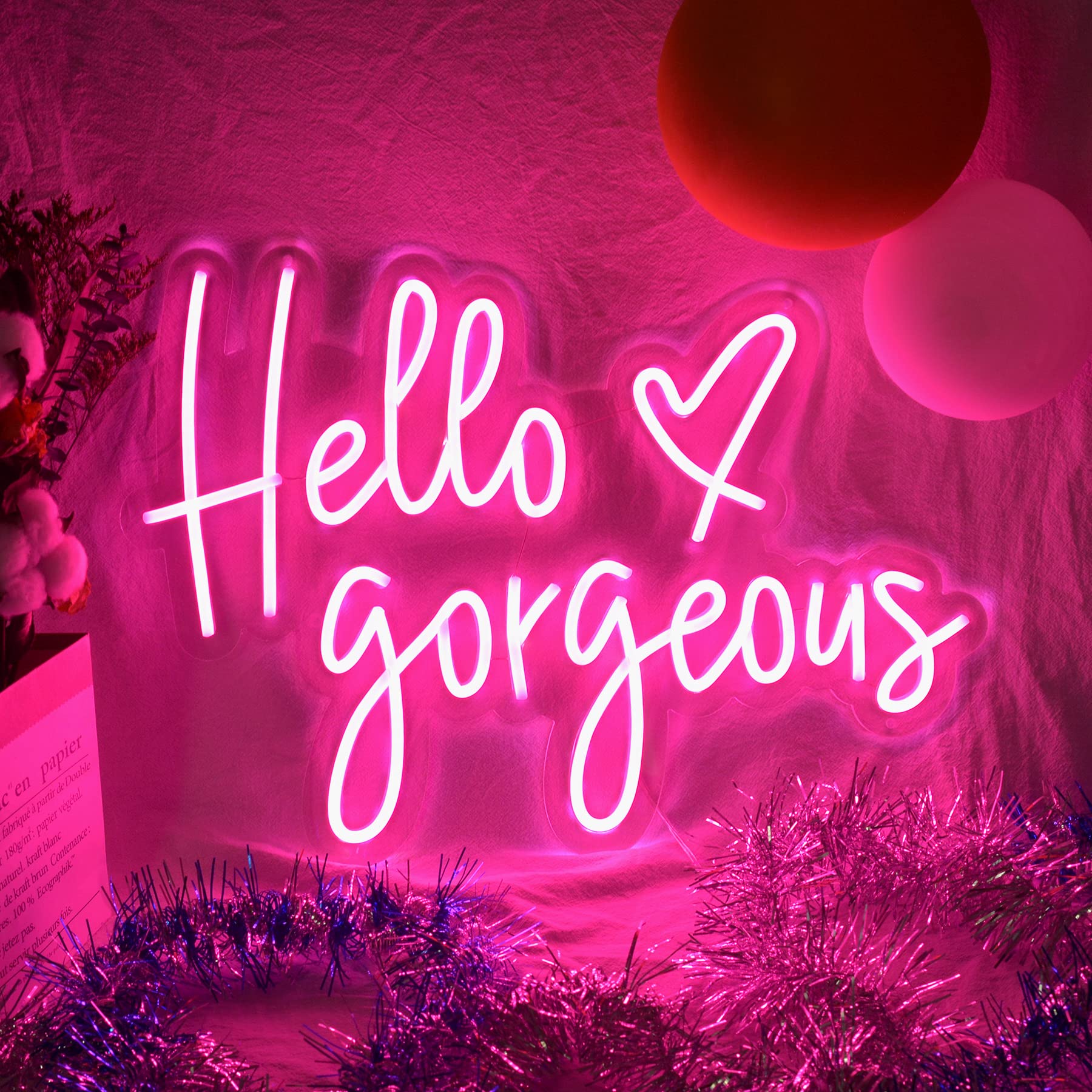 Large 28-inch Hello Gorgeous LED Neon Sign - Custom Wall Art Decor for Home, Bedroom, Party, Wedding, Bar, Cafe & Club - Perfect for Romantic Ambiance, Gift Giving & Instagrammable Backdrops