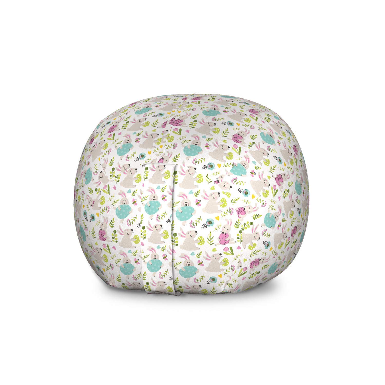 Ambesonne Large Washable Storage Toy Bag Chair - Easter Themed with Happy Bunny, Flowers, Eggs & Butterflies Design - Stuffed Animal Organizer for Kids' Room, Playroom & Nursery - Multicolor
