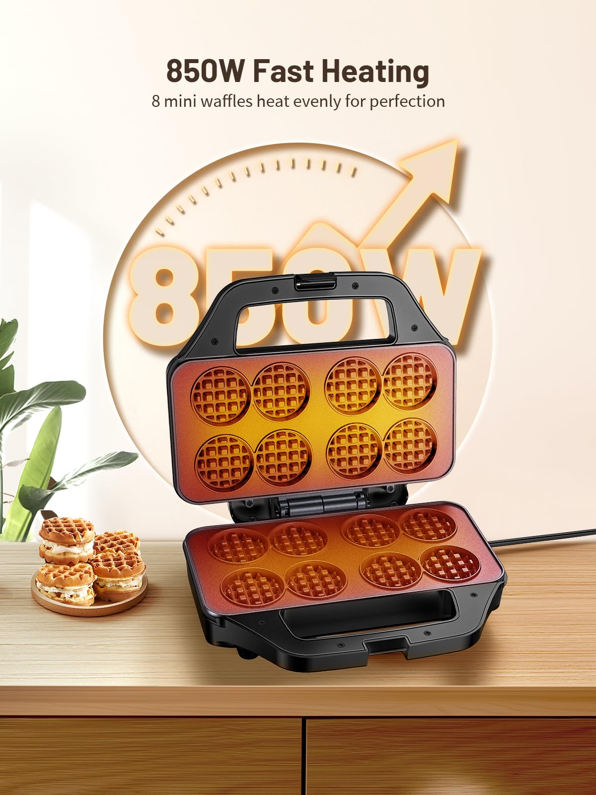 Mini Waffle Maker for Kids - Compact Stainless Steel Non-Stick Waffle Iron (8x1.8 Inch) - Fast Heating & Easy Clean - Perfect for Breakfast, Snacks, Parties & Gifts - Black