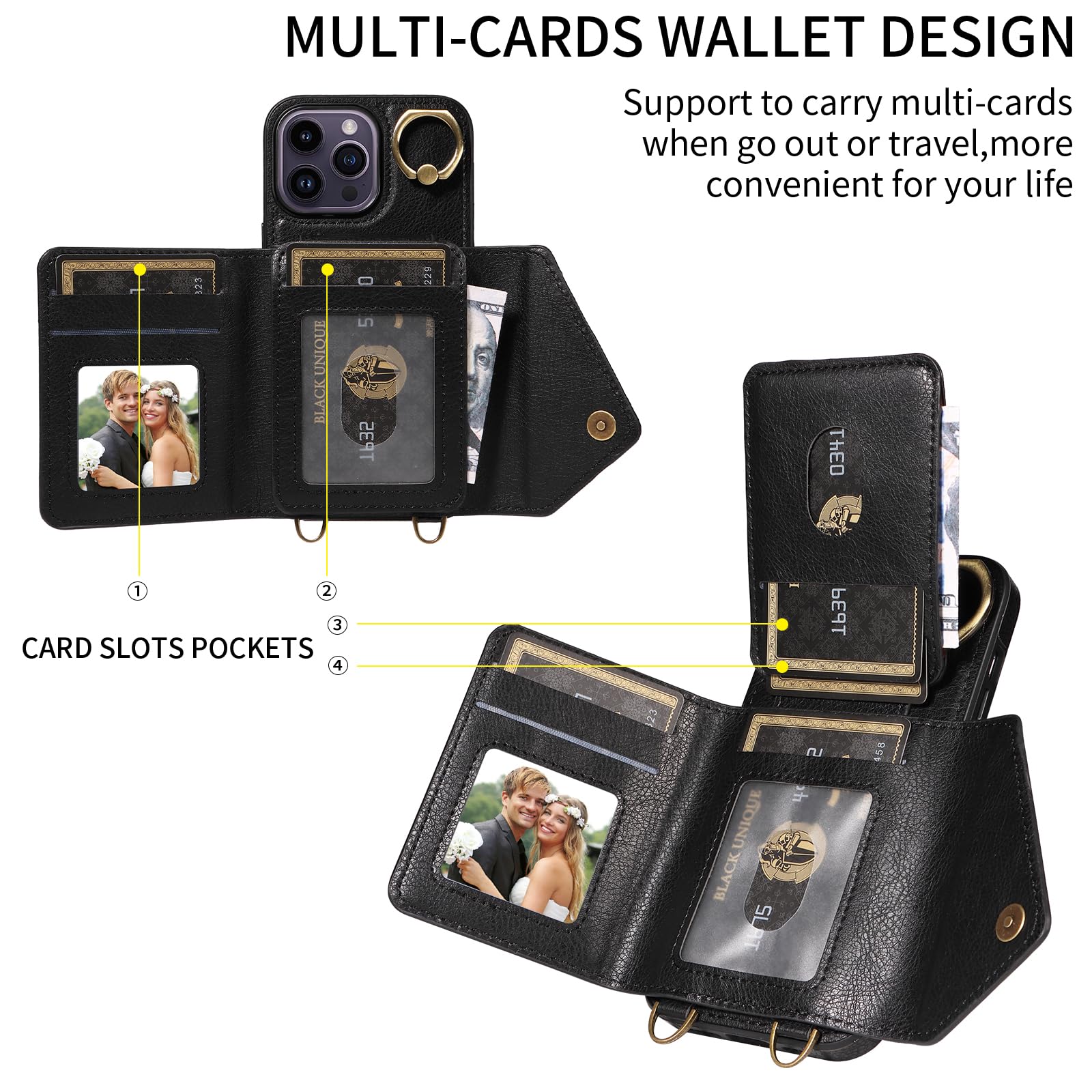 Premium Leather Crossbody Wallet Case for iPhone 15 Pro Max - Card Holder & Shockproof Flip Cover with Adjustable Long Shoulder Strap (Black) | Perfect for Travel, Shopping & Hands-Free Daily Use