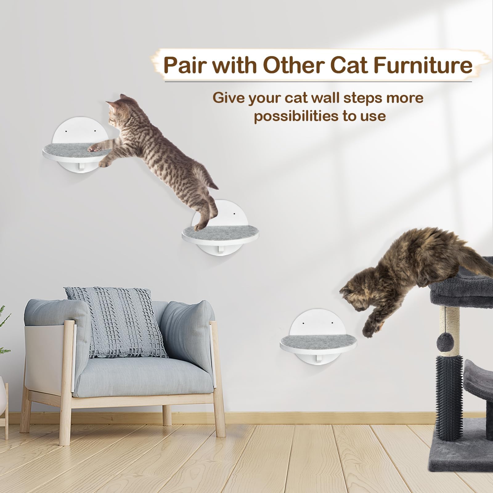 Y&ME YM 3-Packs Wall Mounted Cat Climbing Shelves with Scratching Pad - Multi-Level Cat Steps, Ladder & Furniture for Sleeping, Climbing & Play - Perfect for Small Spaces & Cat Enrichment (White)