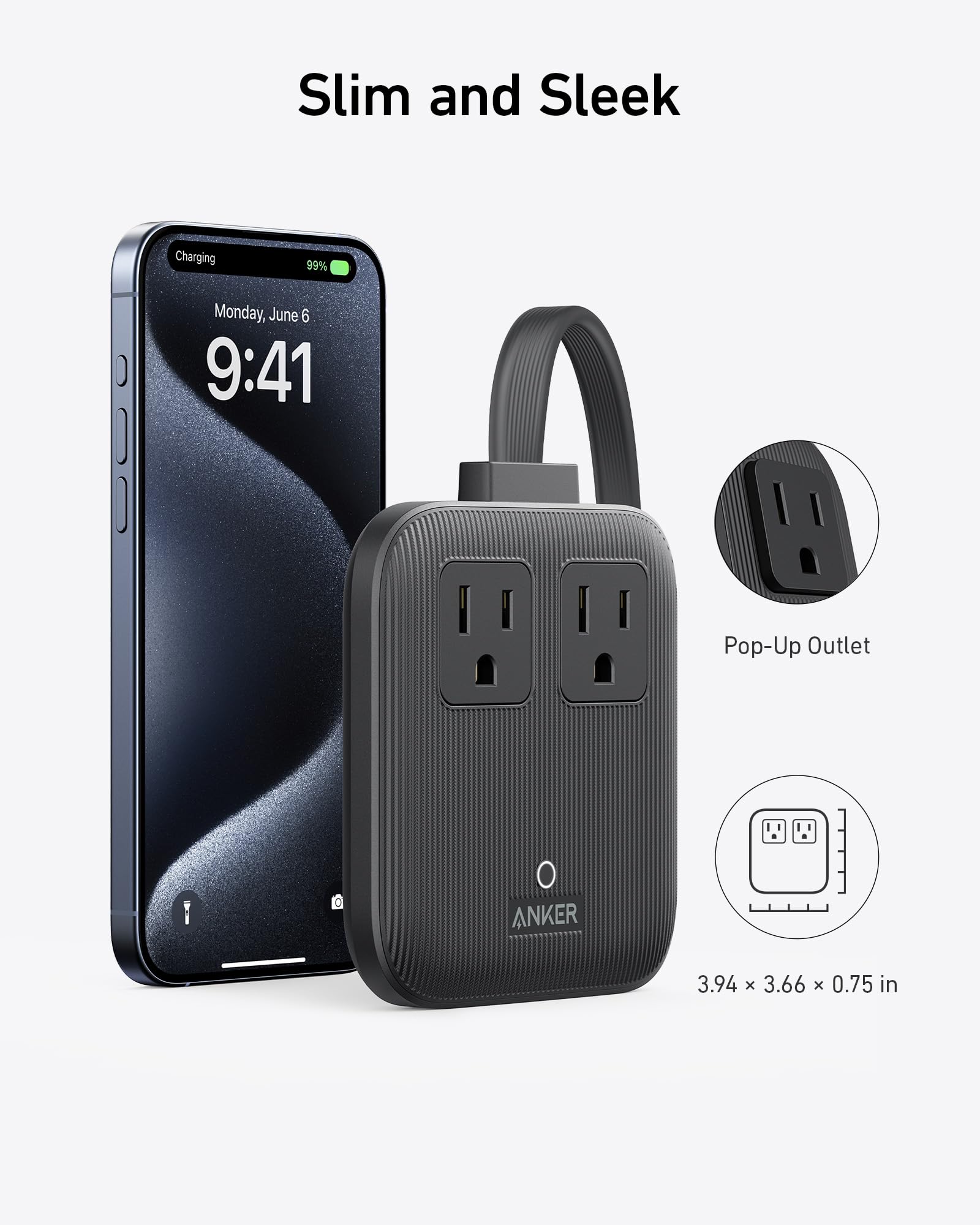 Anker Nano Charging Station (67W Max) - 6-in-1 USB C Power Strip with Flat Plug & 5ft Extension Cord for iPhone 15/14, MacBook, iPad, Samsung Galaxy - 2 AC Outlets, 2 USB A & 2 USB C Ports - Perfect for Home, Office, Dorm & Travel (Black Stone)