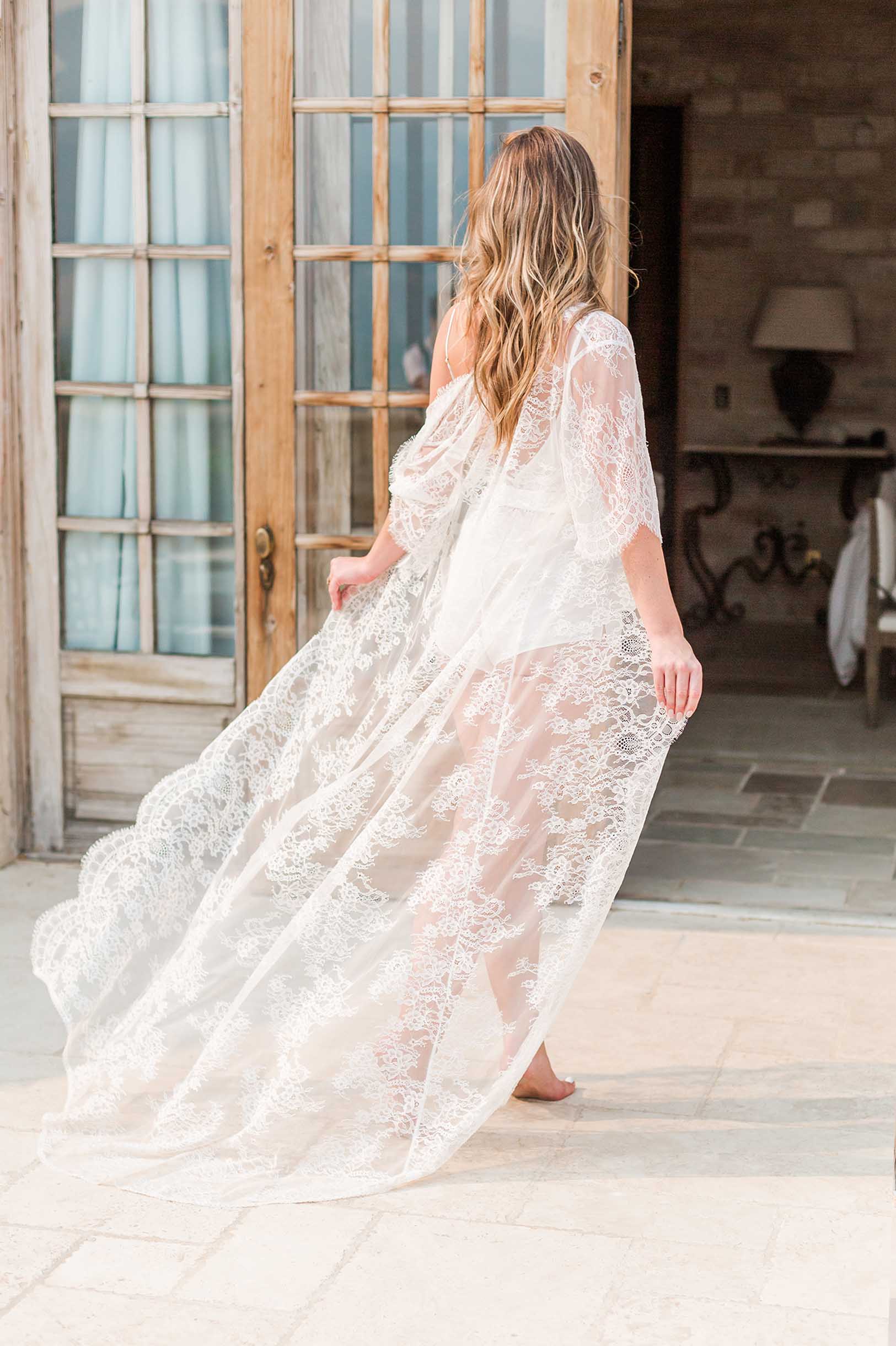 Emma Long Robe Dressing Gown Kimono in Ivory Glitter Lace - Elegant Loungewear for Women, Perfect for Spa Days, Bridal Showers & Relaxing at Home