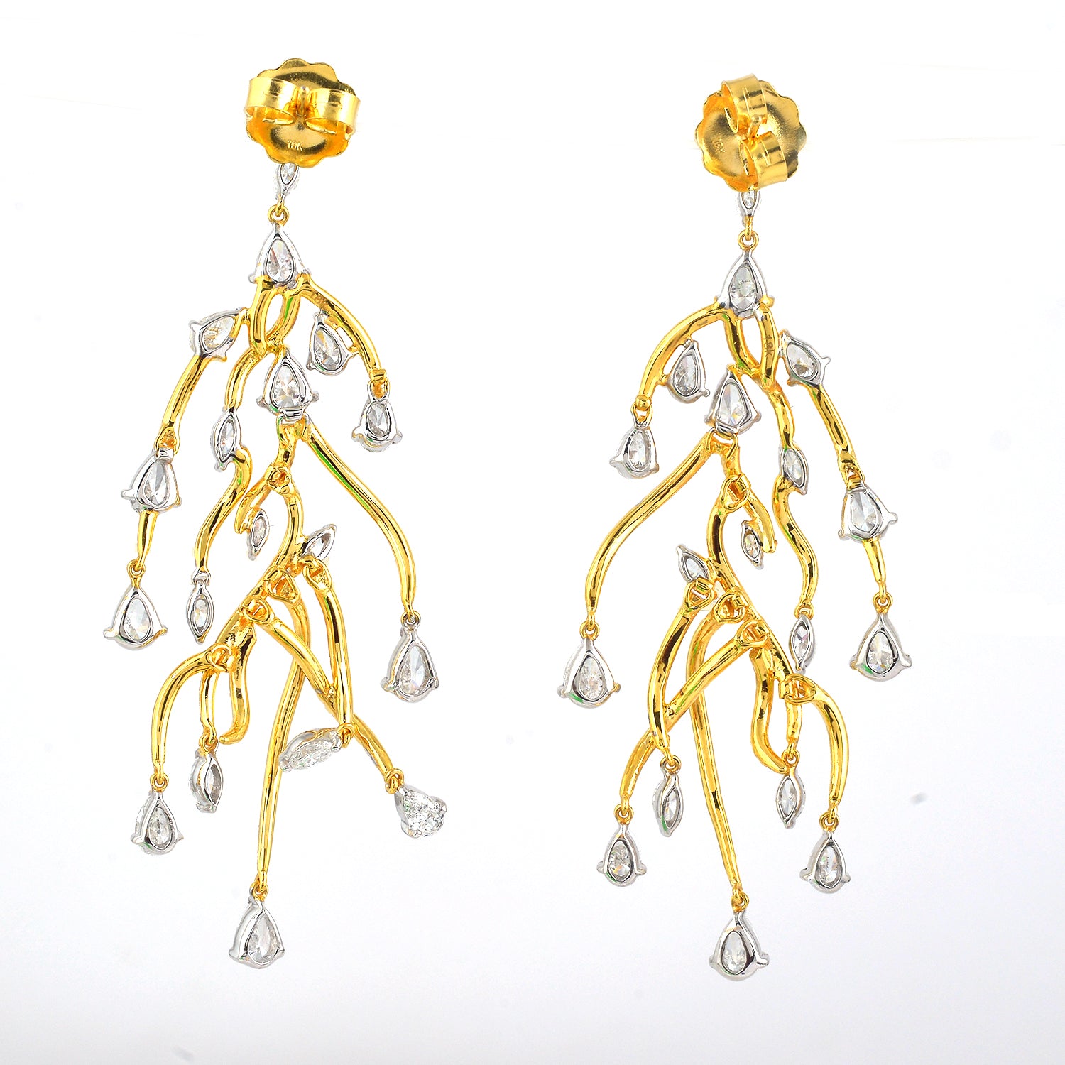 18K Yellow & White Gold Lightning Bolt Chandelier Earrings with Rose Cut Diamonds - Elegant Dangle Earrings for Women, Perfect for Parties, Weddings & Special Occasions
