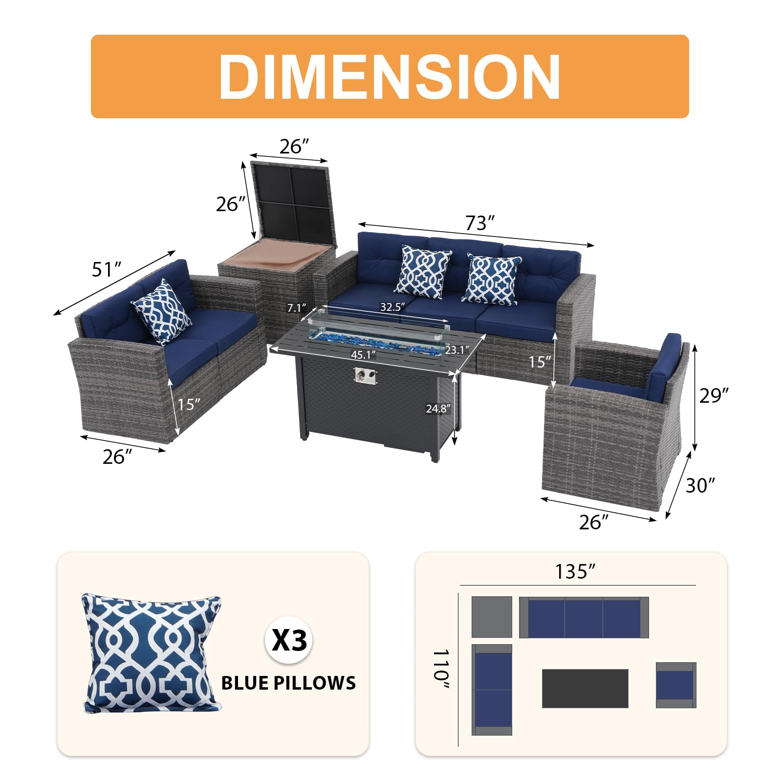 JOIVI 8-Piece Outdoor Patio Furniture Set with Fire Pit Table - Wicker Rattan Sectional Sofa Set with Storage Box & 3 Blue Cushions - Perfect for Garden, Poolside, Backyard, and Outdoor Entertaining