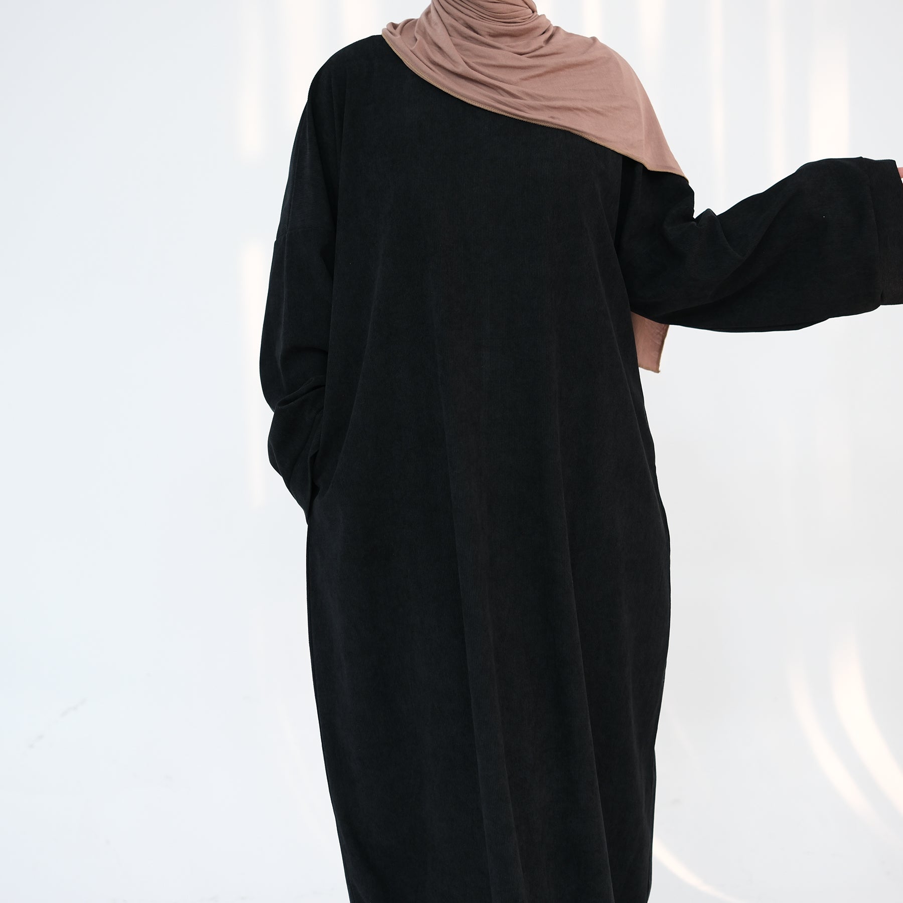 Annan Corduroy Abaya Dress for Women - Modest Islamic Long Dress in Black | Perfect for Prayer, Eid, and Special Occasions