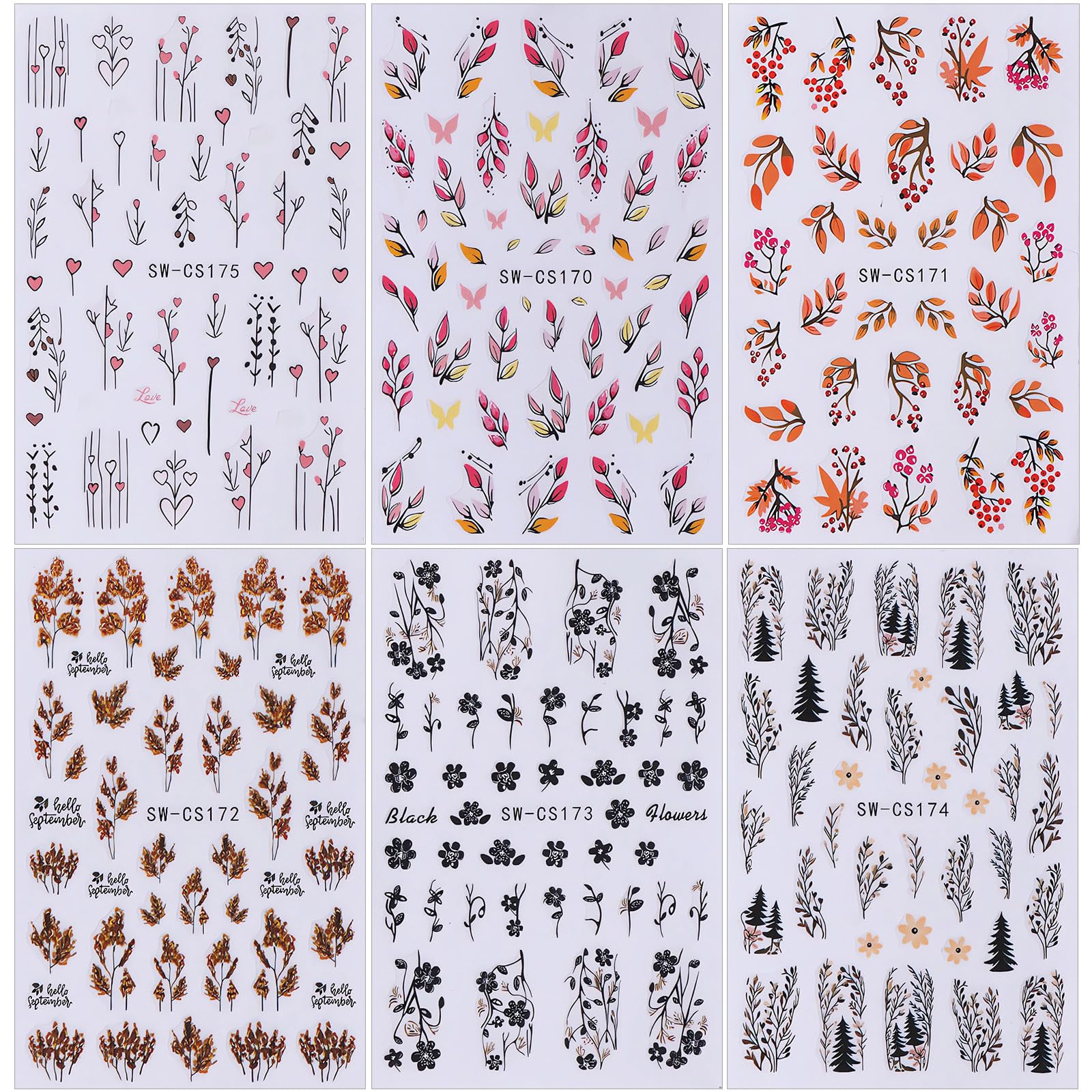 6PCS 3D Flower & Leaf Nail Art Stickers - Self-Adhesive Summer Floral Nail Decals for Women | Fall Nail Decorations & Nail Art Supplies | Perfect for Manicures, Parties, Weddings & Special Occasions