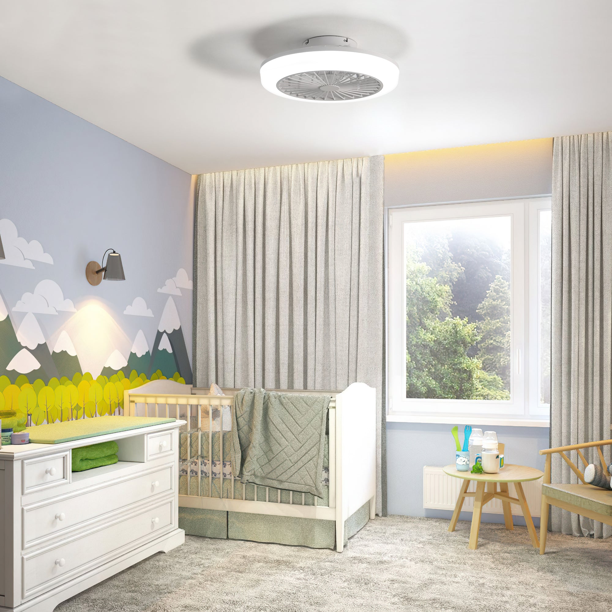 18 Inch Flush Mount Bladeless Ceiling Fan with Light and Remote Control - Modern Low Profile Enclosed Fan for Bedroom, Kitchen, Dining Room - Perfect for Small Spaces and Energy Efficient Cooling
