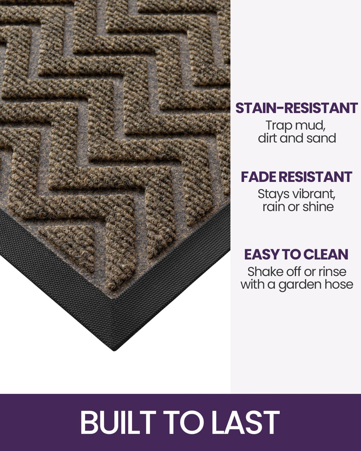 DEXI Heavy Duty Rubber Backed Doormat for Front Door - 4x2 Feet, Stain & Fade Resistant, Low-Profile Easy Clean Entryway Floor Mat in Chevron Dark Brown - Perfect for Outdoor/Indoor Use at Home, Office, or Apartment Entrance