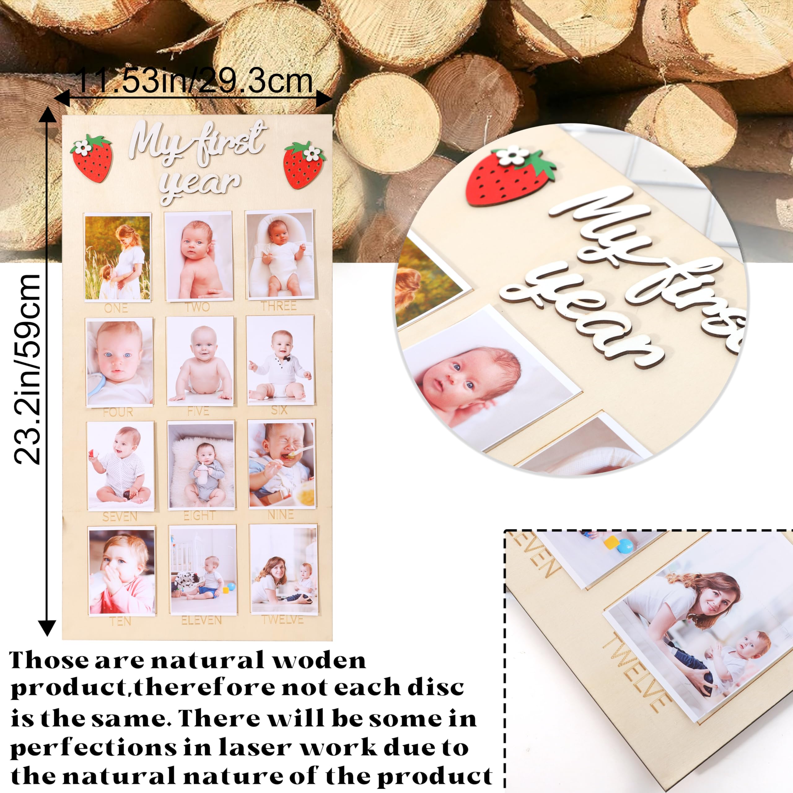 WAUAO 1st Birthday Photo Board - Strawberry Themed Wooden Milestone Decor for Baby's First Birthday | 12 Monthly Photo Props, Berry Inspired Nursery Decor | Perfect for Birthday Parties, Baby Showers & Nursery Room Decorations