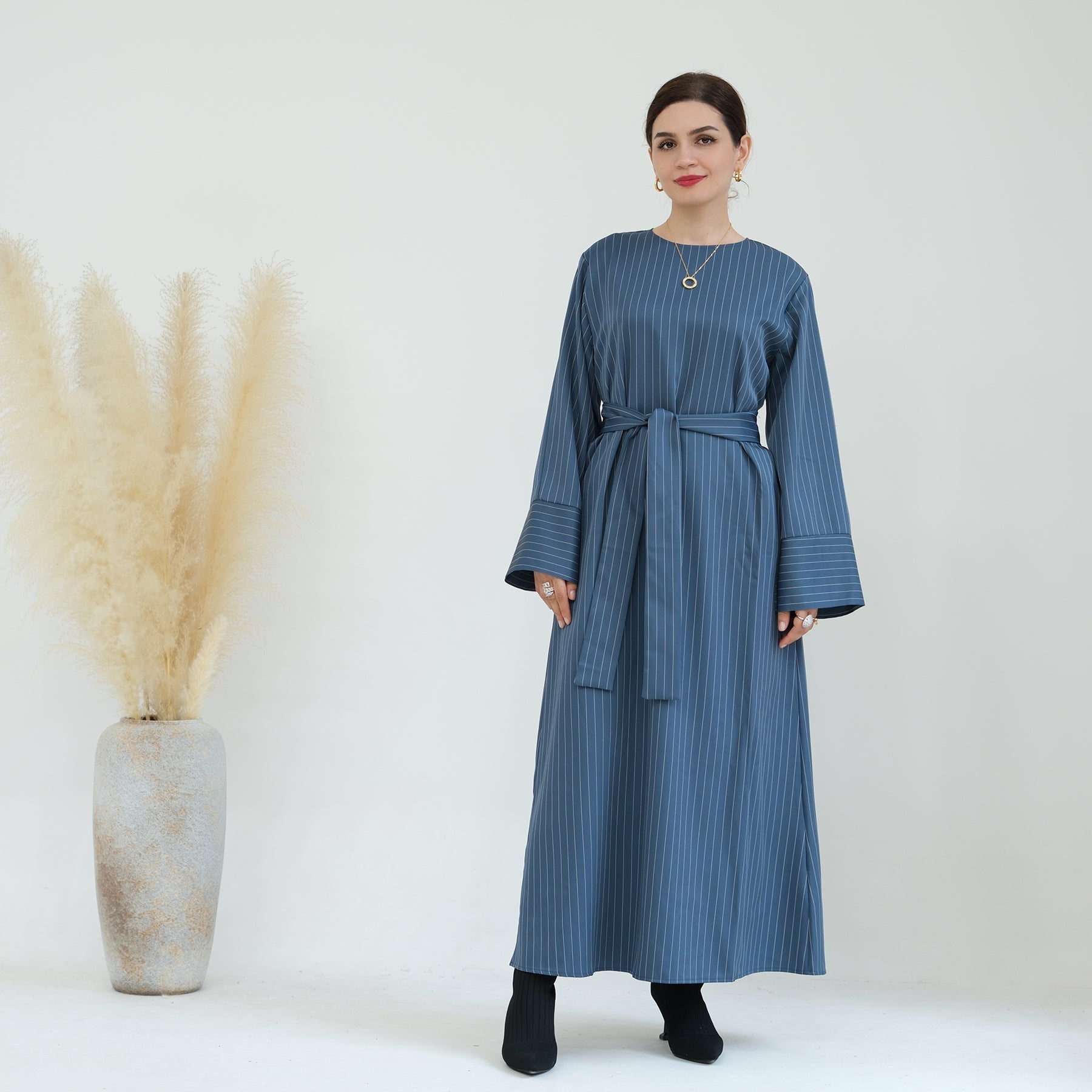 Janine Stripe Long Sleeve Belted Maxi Dress for Women - Flowy Blue Midi Dress with Belt, Elegant Casual & Party Wear, Perfect for Weddings, Date Nights and Summer Outings
