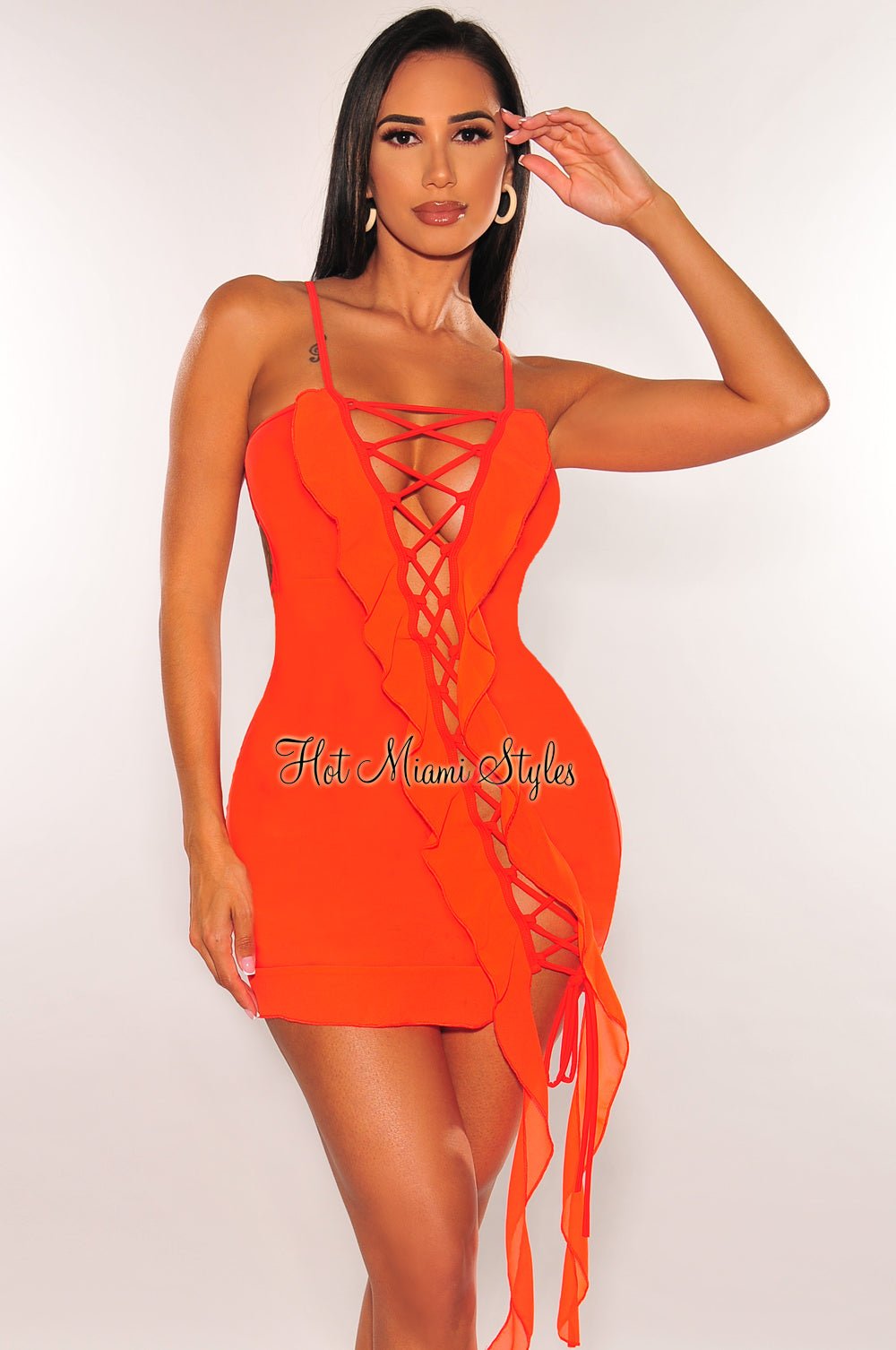 Sexy Tangerine Spaghetti Strap Lace-Up Back Ruffle Mini Dress for Women - Perfect for Summer Parties, Date Nights & Beach Vacations