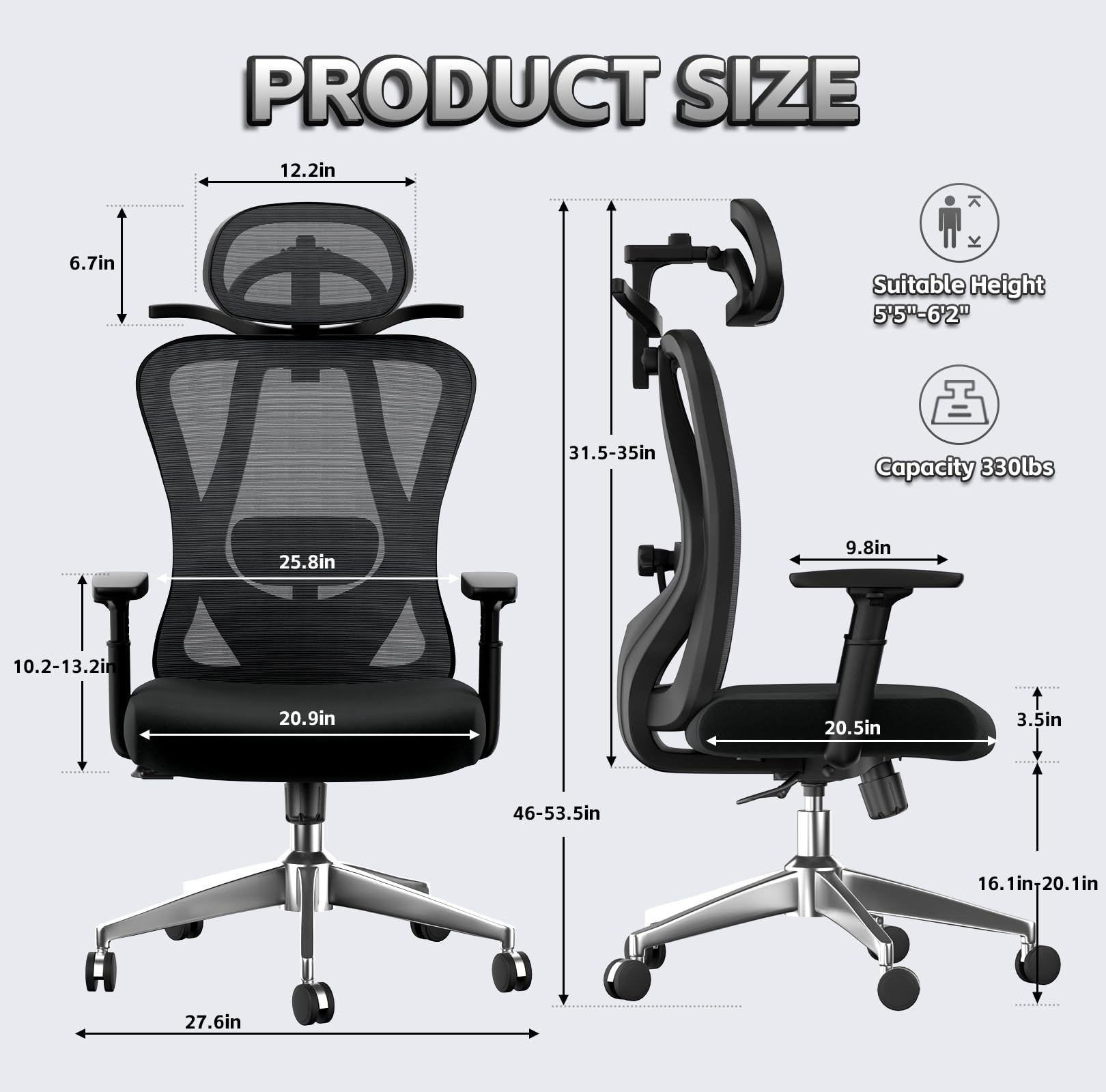 Ergonomic Office Chair with Adjustable Lumbar Support - High Back Mesh Desk Chair, 135° Reclining Backrest, Adjustable Armrests & Headrest - Black - Perfect for Home Office, Gaming & Long Work Sessions