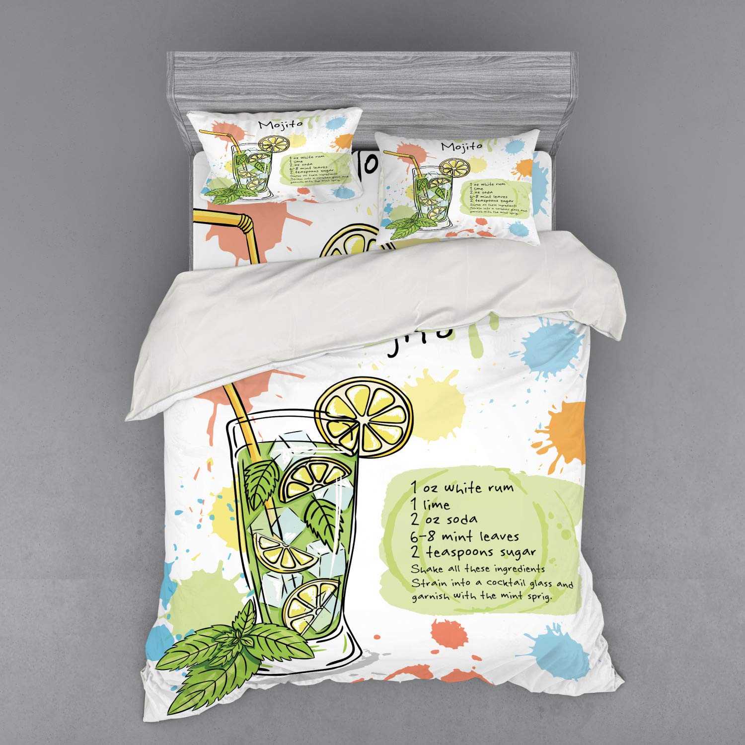 Ambesonne Mojito Cocktail Recipe Alcohol Themed 4-Piece Duvet Cover Set - California King Size Bedding with Shams & Fitted Sheet, Vibrant Watercolor Design | Perfect for Cocktail Lovers, Themed Bedrooms & Unique Home Decor