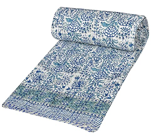YUVANCRAFTS Indian Hand Block Print Kantha Quilt - 100% Cotton Throw Blanket & Bedspread - Queen Size (90x108 Inches) - White - Perfect for Home Decor, Bedroom & Living Room