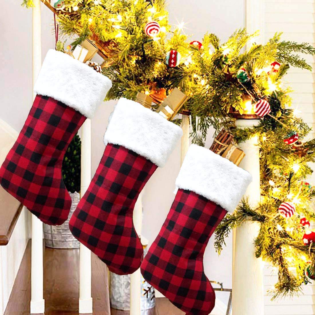 16.5 Inch Buffalo Plaid Christmas Stockings Set of 3 - Soft Plush Cuff Rustic Holiday Decor for Family, Xmas Party & Fireplace Mantel (Red/Black Buffalo Plaid Pattern) - Perfect for Gift Giving, Home Decor & Christmas Tree Decoration