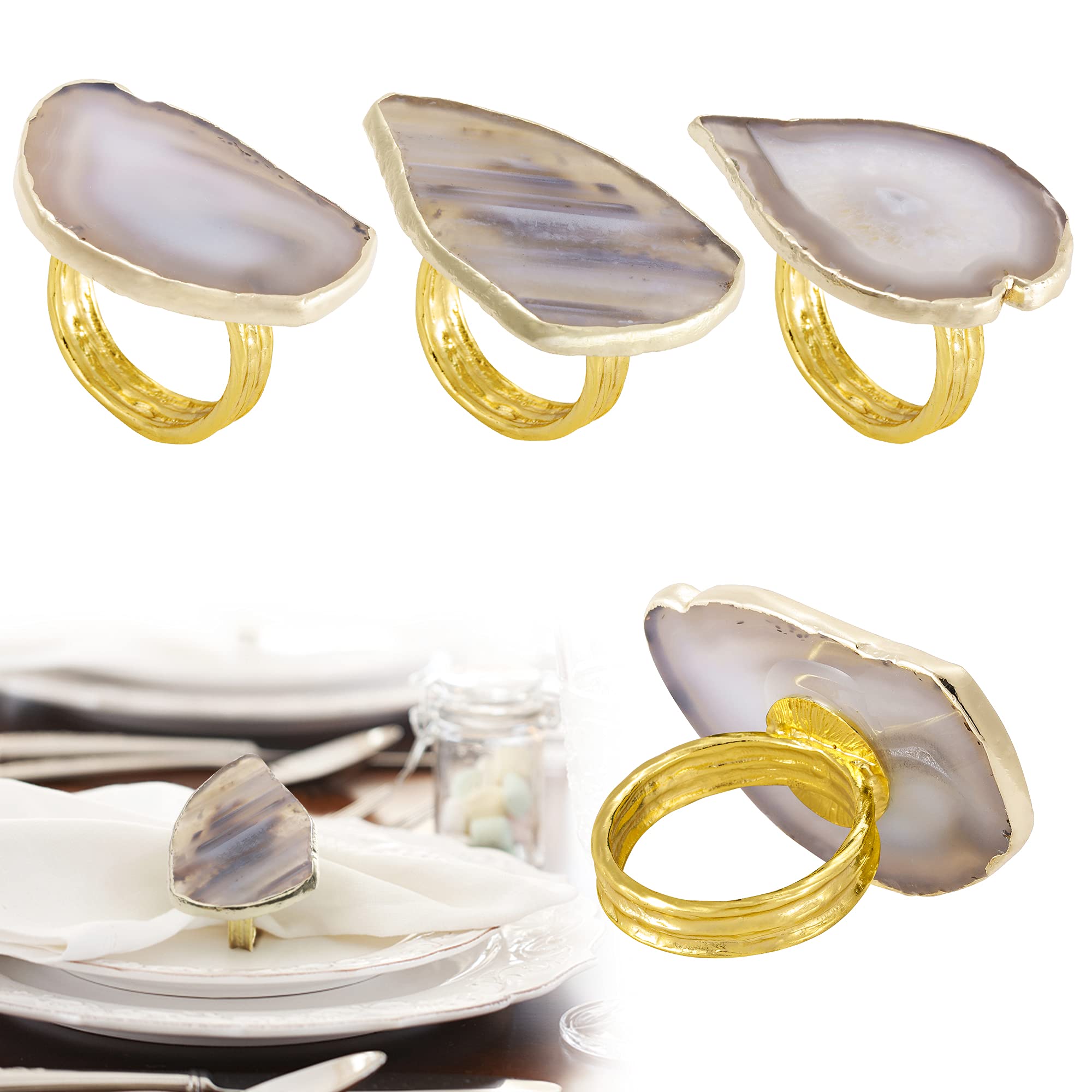 Elegant Set of 4 Gold Metal Napkin Rings with Natural Agate Slices - Farmhouse Dinner Table Decor for Halloween, Christmas, Wedding & Banquet Parties - Perfect for Holiday Gatherings and Special Occasions