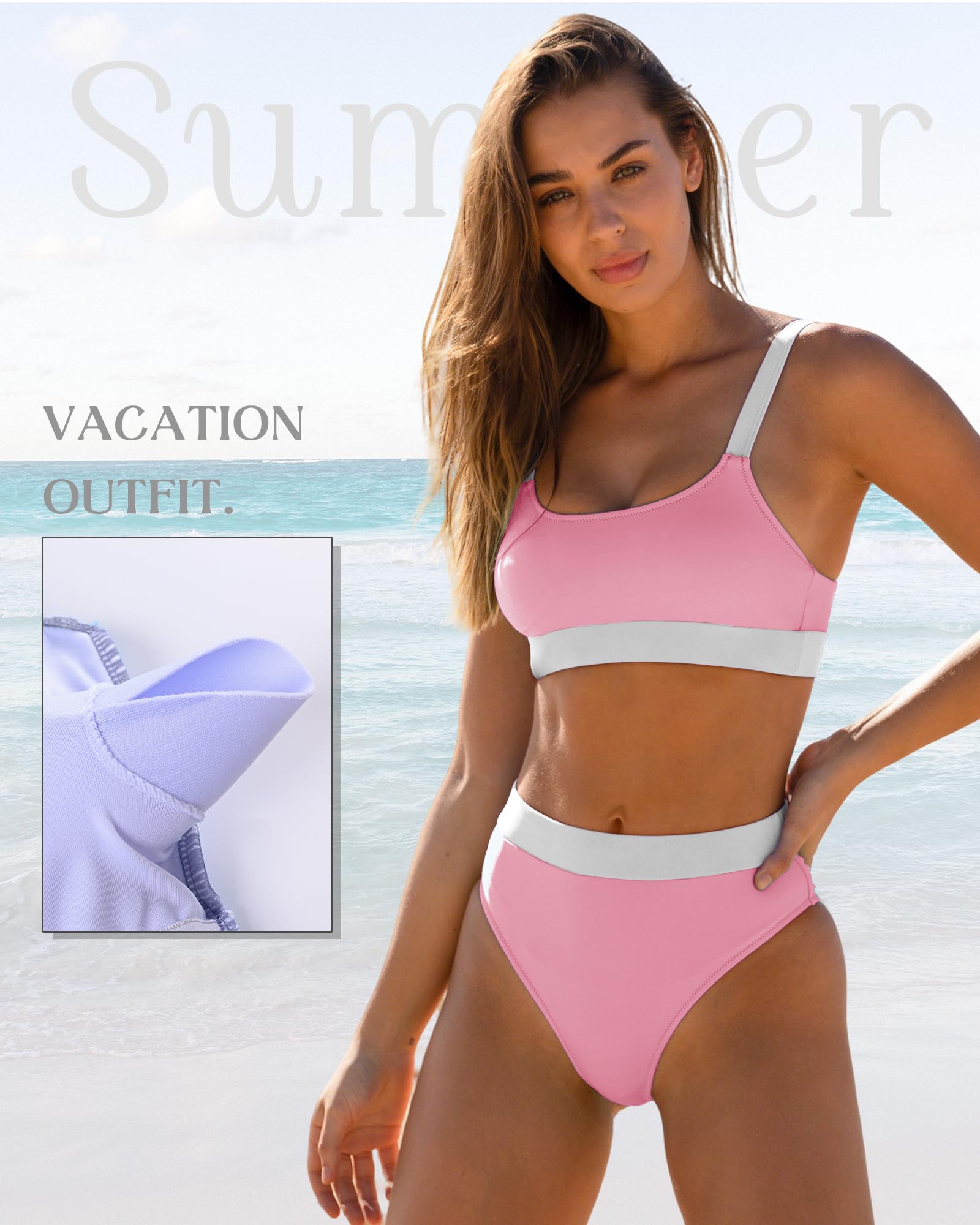 ZINPRETTY Women's High Waisted Bikini Set - Color Block Swimwear 2 Piece Bathing Suit with Tummy Control for Sporty Teens | Beach, Pool & Summer Vacation Outfits