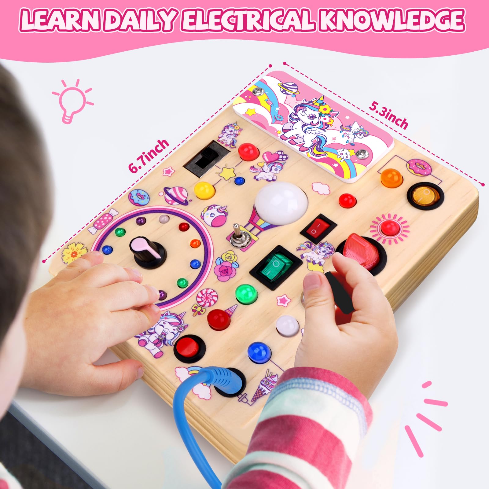 Unicorn Busy Board Plus V2 - Montessori Wooden Sensory Toy for Toddlers Age 1-3 | Travel Learning Activity Board | Perfect Gift for 1+ Year Old Girls & Boys | Ideal for Airplane, Car Rides & Quiet Playtime