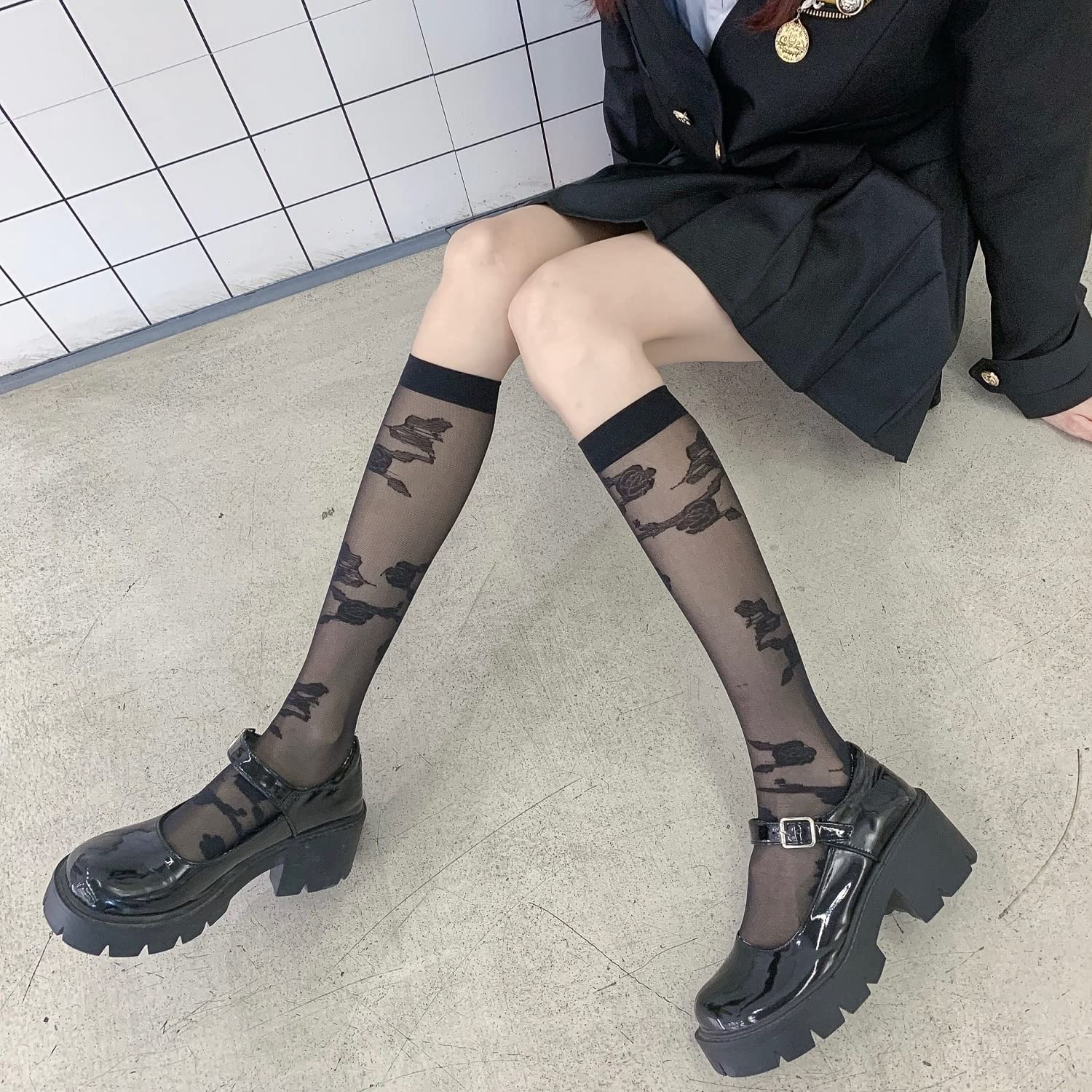 Benefeet Women's Sheer Knee High Socks - Black & White Lace Stockings for Lolita Fashion