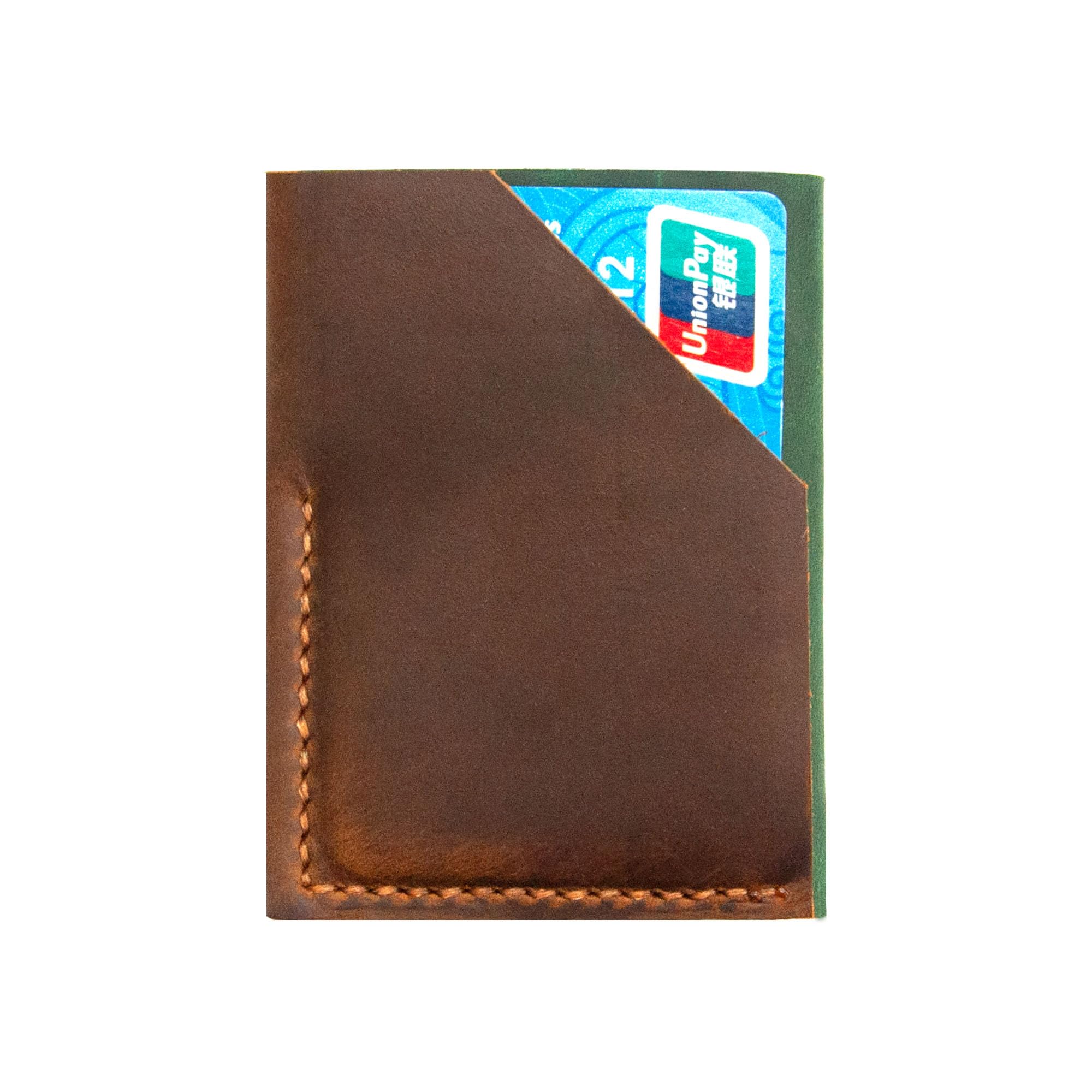 Personalized Handmade Minimalist Vertical Card Wallet - Green & Brown Leather Credit Card Holder for Men & Women - Slim Front Pocket Wallet & RFID Blocking Card Sleeve - Perfect for Everyday Carry, Travel, and Business Use