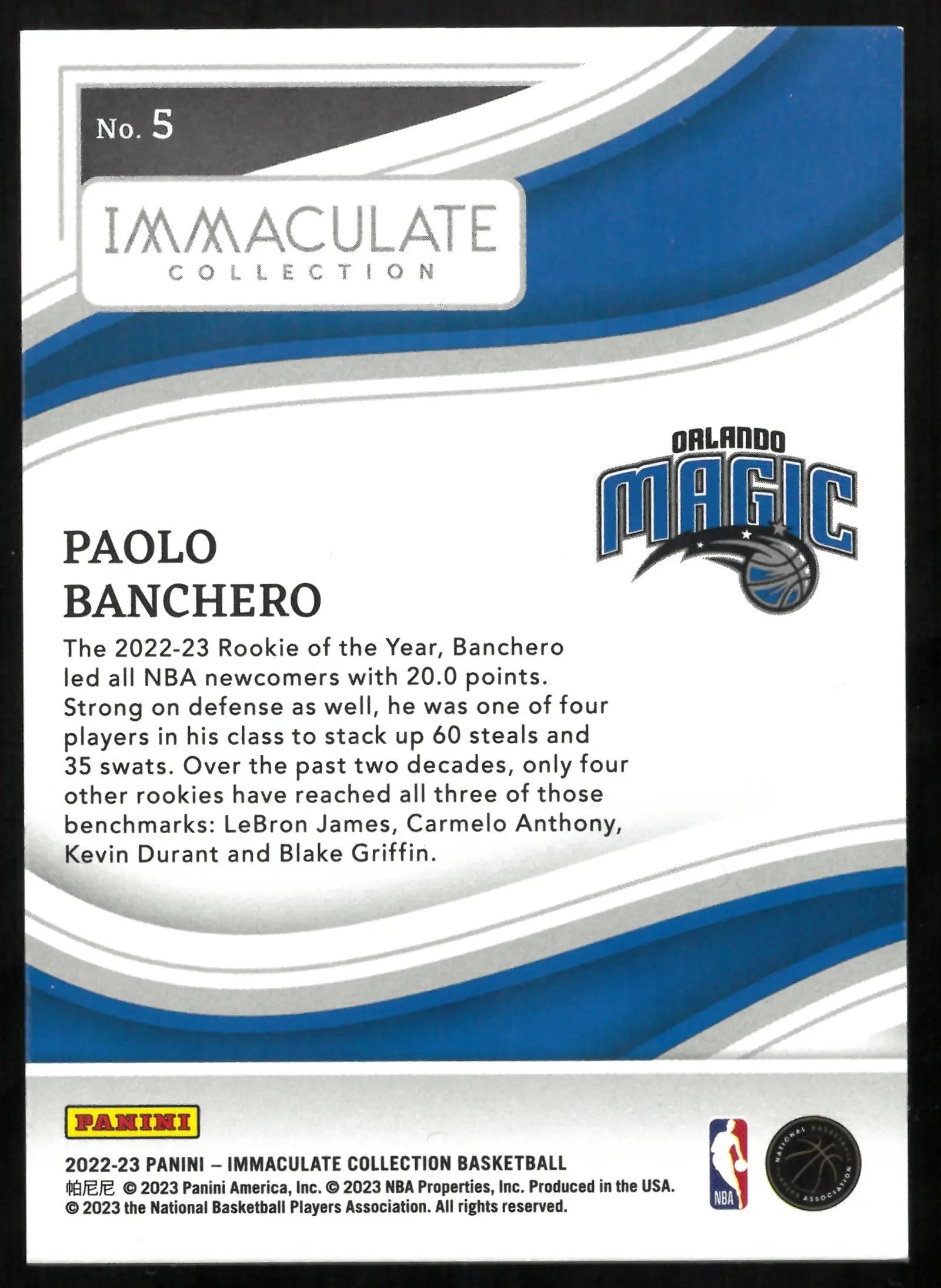 2022-23 Panini Immaculate Basketball Paolo Banchero Rookie Card Blue/Gold Parallel 06/10 #5 - NBA Collectible for Display & Investment