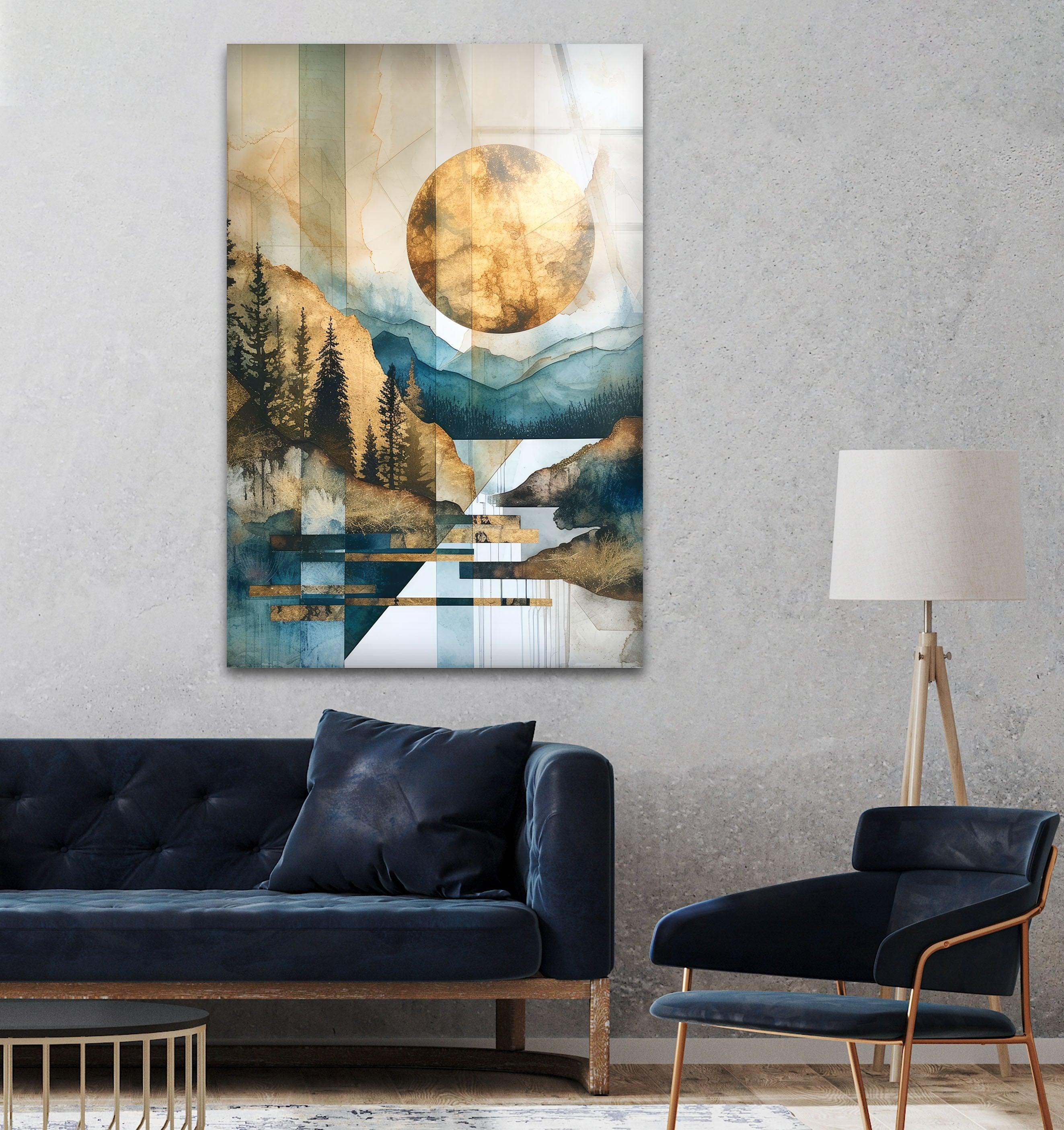 Abstract Golden Sun Glass Wall Art - Geometric Mountain & Nature Landscape Decor for Living Room, Bedroom, Office - Modern Home & Office Decoration